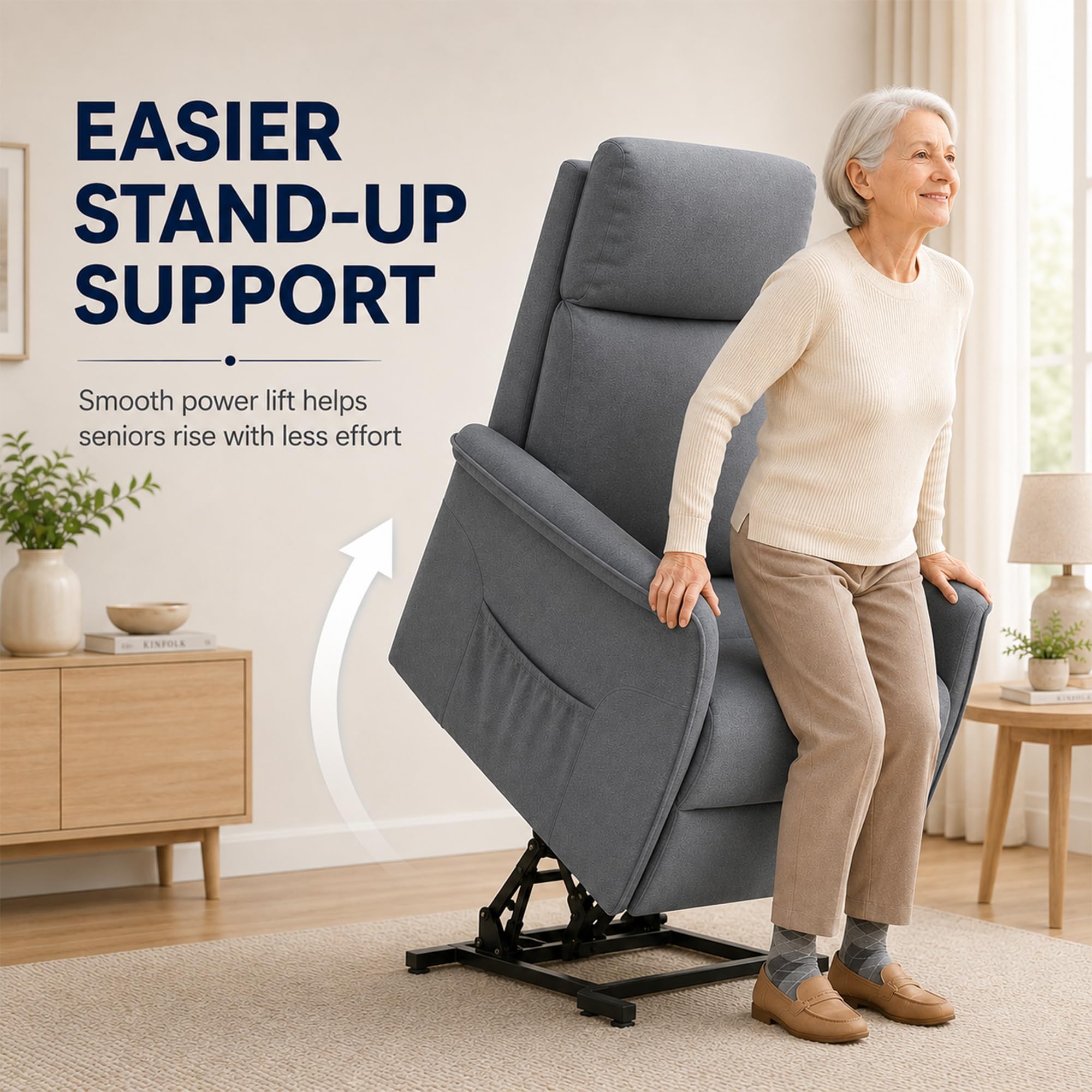 OKUP Power Lift Recliner Chair with Massage and Heat for Elderly, Electric Recliner Chairs for Adults with Side Pocket Remote Control, Infinite Position, Fabric (Dark Grey)