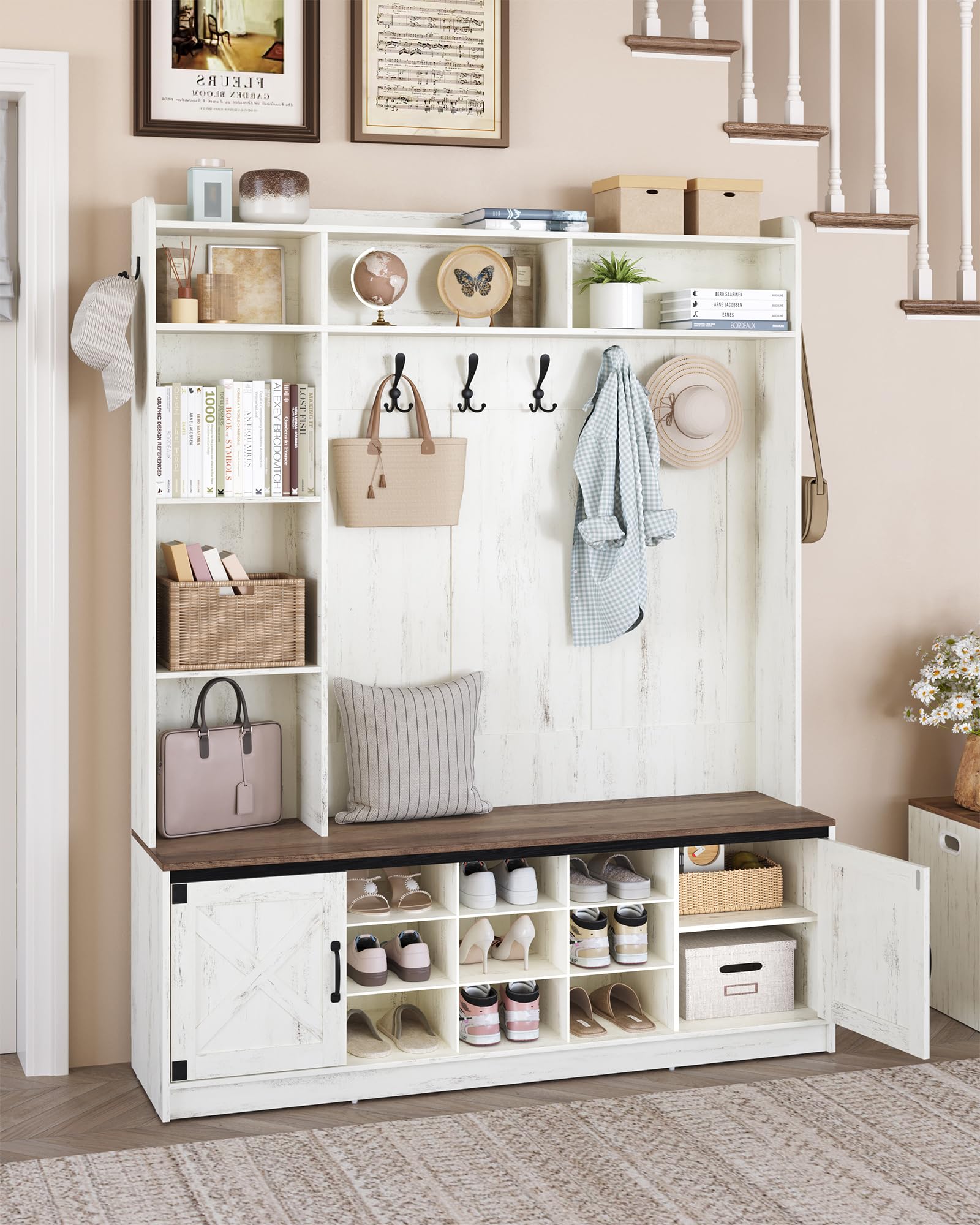 LED Farmhouse Hall Tree with Bench & Shoe Storage