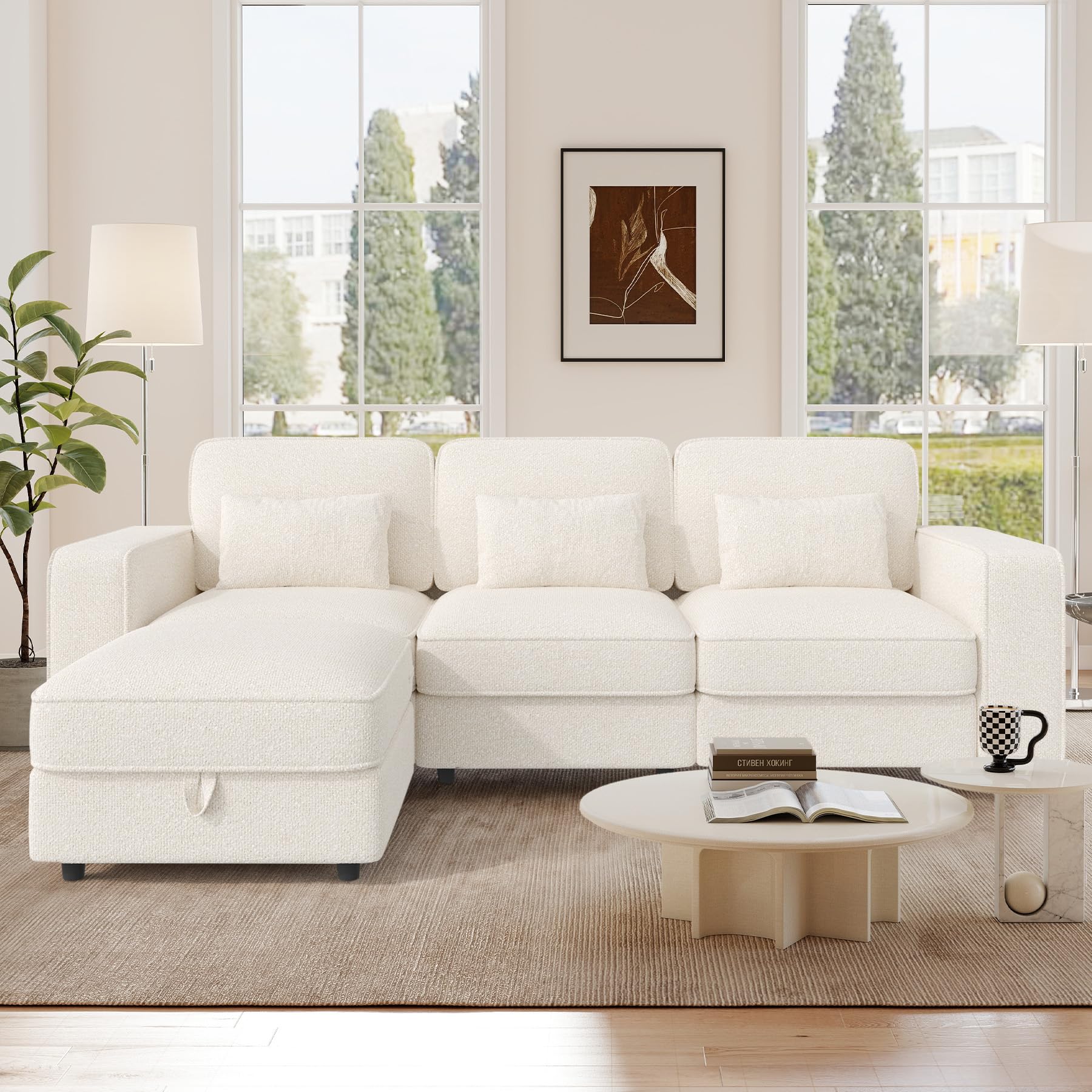 102" L Shaped Modular Sectional Sofa, Oversized 3-Seater Convertible Cloud Couch, Modern Chenille Sectional Couches for Living Room, Cream White 1 PCS