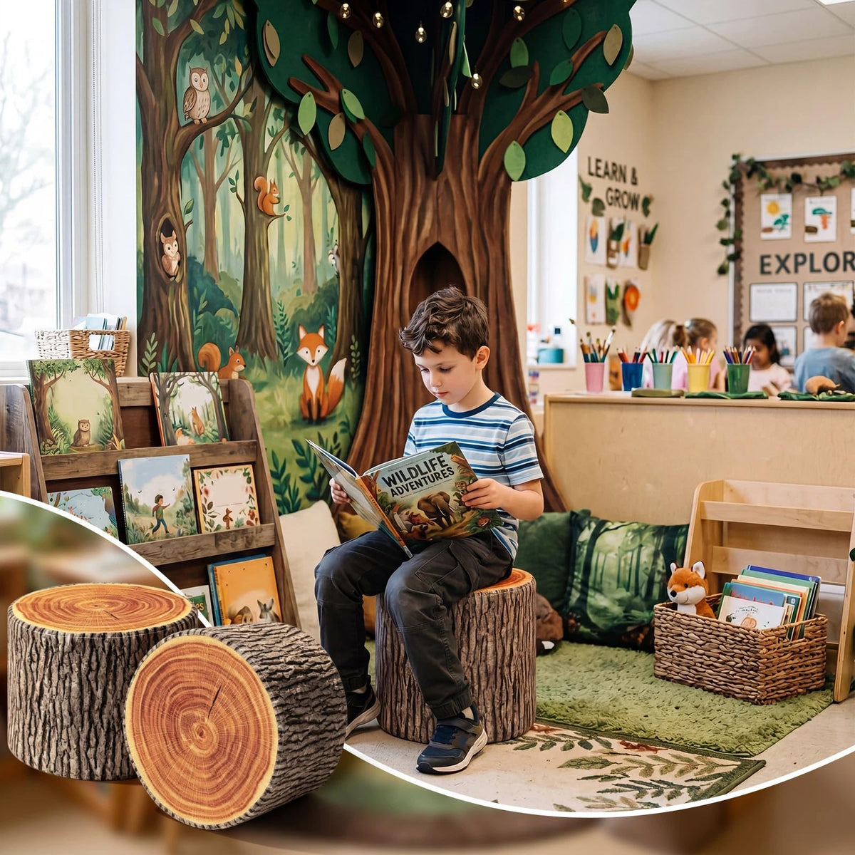 Leinuosen 4pcs Tree Stump Stool Round Throw Pillow Floor Cushion, 11 x 7.9"