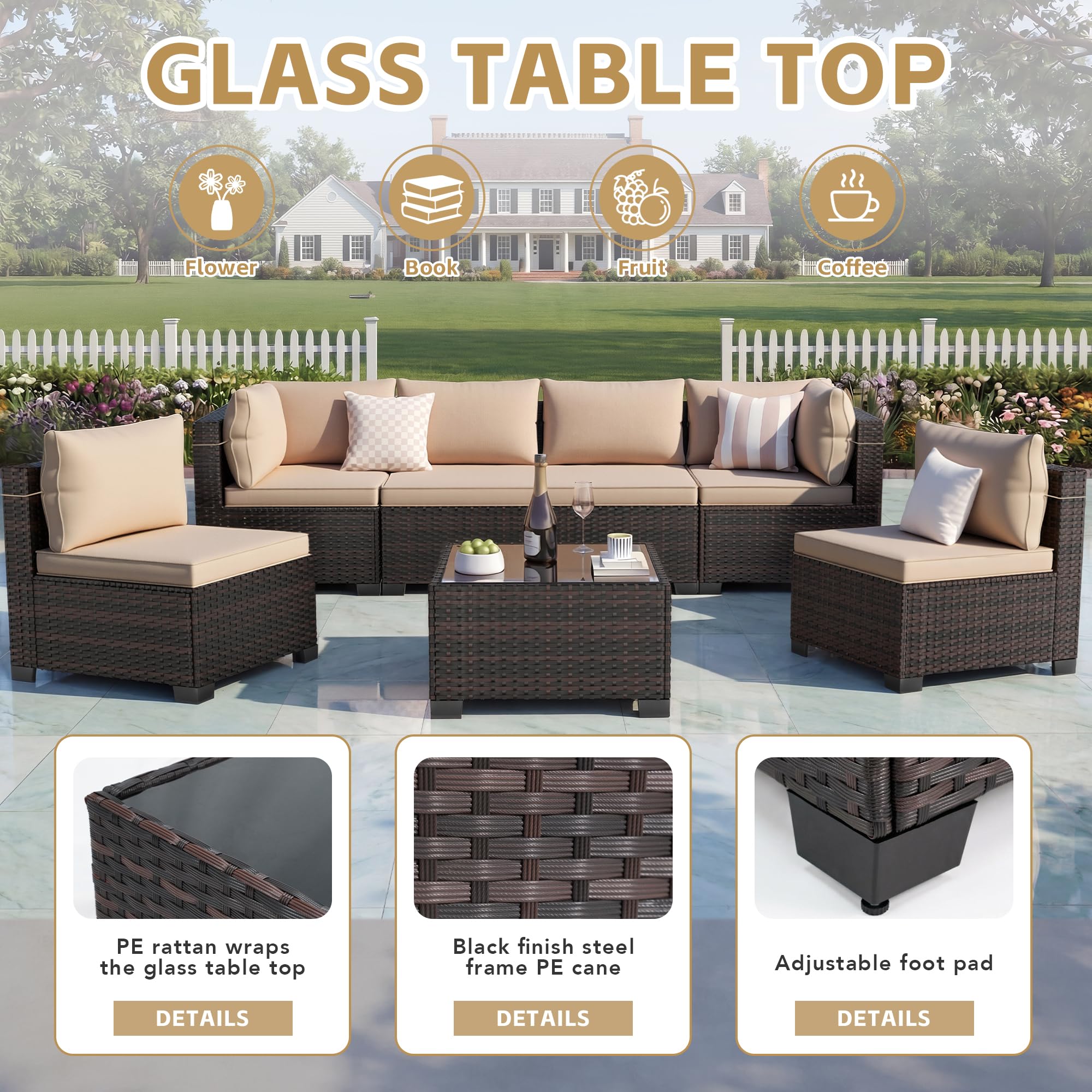 7-Piece Outdoor Rattan Patio Furniture Set with Tea Table