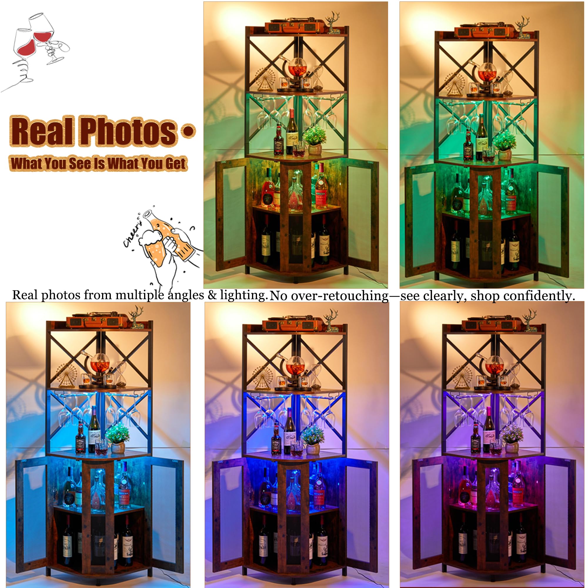 5-Tier Corner Bar Cabinet with LED Lights & Glass Holder