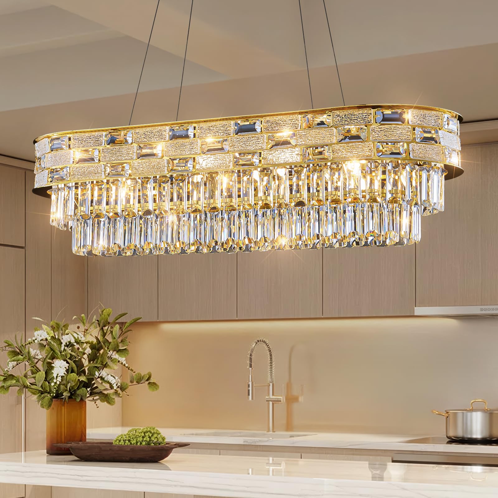 Large Oval K9 Crystal Chandelier - Luxury Modern 3 Tier Linear Crystals Chandeliers - 15 Lights Brushed Gold Pendant Light Fixture for Dining Room Kitchen Island Entryway Bar Living Room - L34.3 Inch