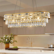 Large Oval K9 Crystal Chandelier - Luxury Modern 3 Tier Linear Crystals Chandeliers - 15 Lights Brushed Gold Pendant Light Fixture for Dining Room Kitchen Island Entryway Bar Living Room - L34.3 Inch