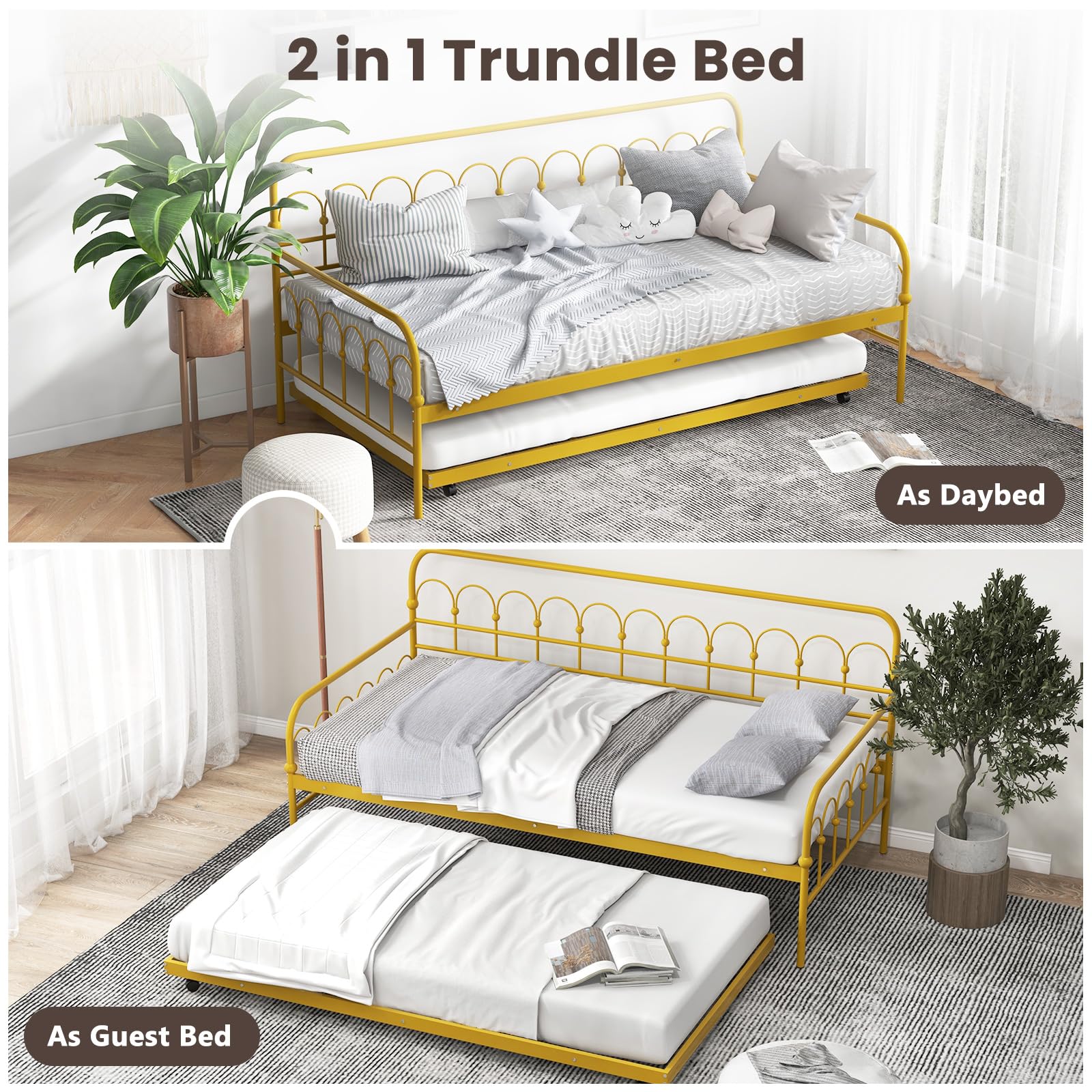 Giantex Twin Daybed with Trundle Gold, Metal Day Bed with Convenient Pull-Out Trundle Bed, Metal Slats, Lockable Universal Wheels, 2-in-1 Daybed Bed Frame for Guest Room, Living Room, Bedroom