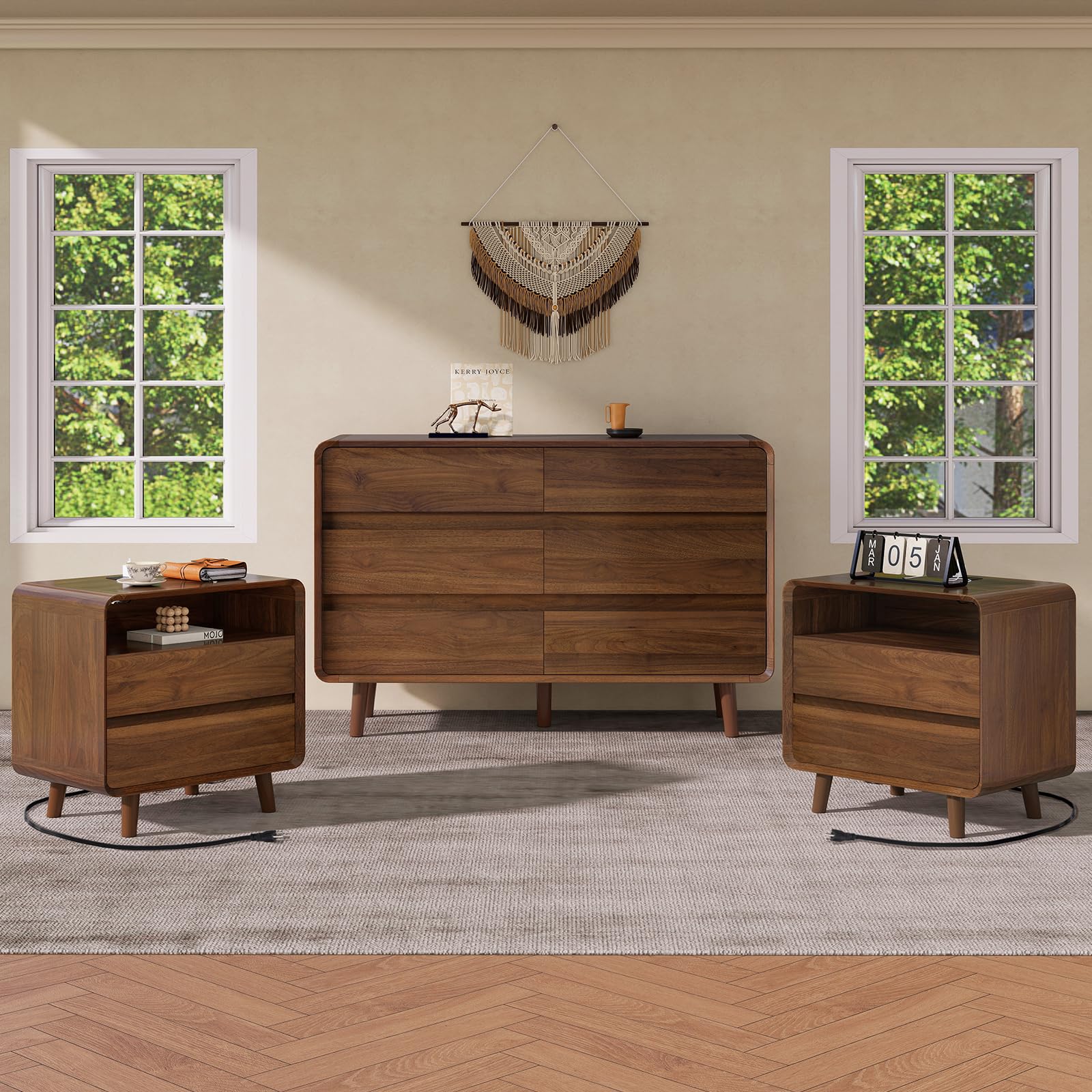 Nasonet Dresser and Nightstand Sets 3 Piece, 6 Drawer Dresser for Bedroom and Nightstands Set of 2, Wood Chest of Drawers Night Stand Mid Century Modern Bedroom Furniture Set, Walnut