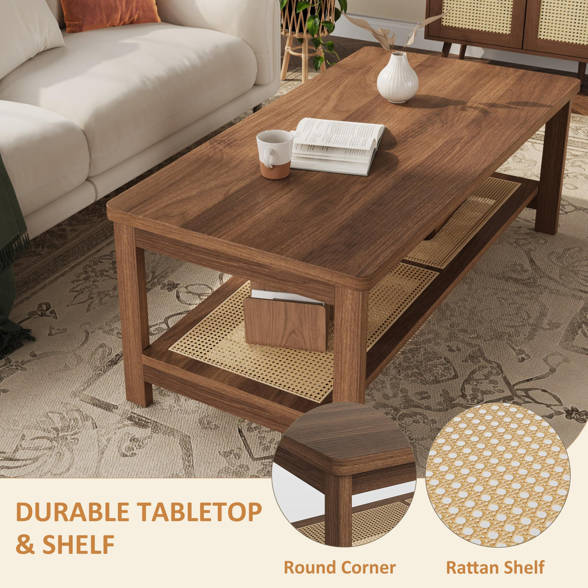 Wooden Coffee Table, 2-Tier Center Table with Rattan Storage Shelf, Walnut