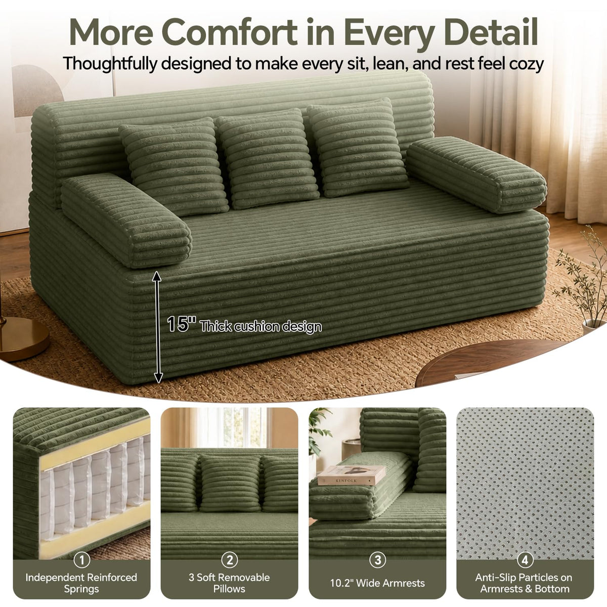 Zefurta 78" Futon Sofa Bed, Queen Size Boneless Corduroy Couch Bed (Green)