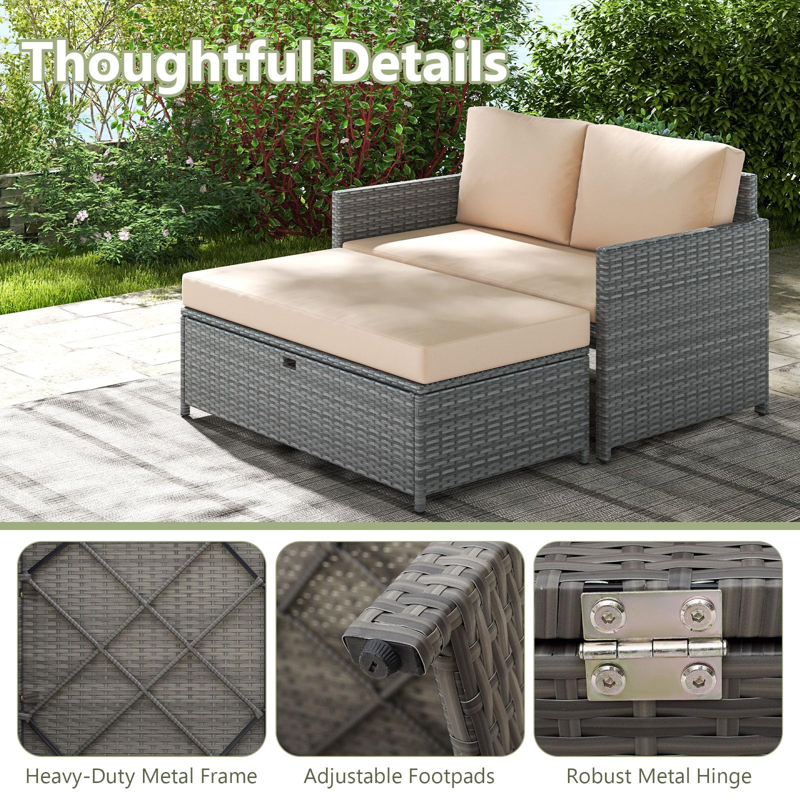 Outdoor Rattan Loveseat & Storage Ottoman Set
