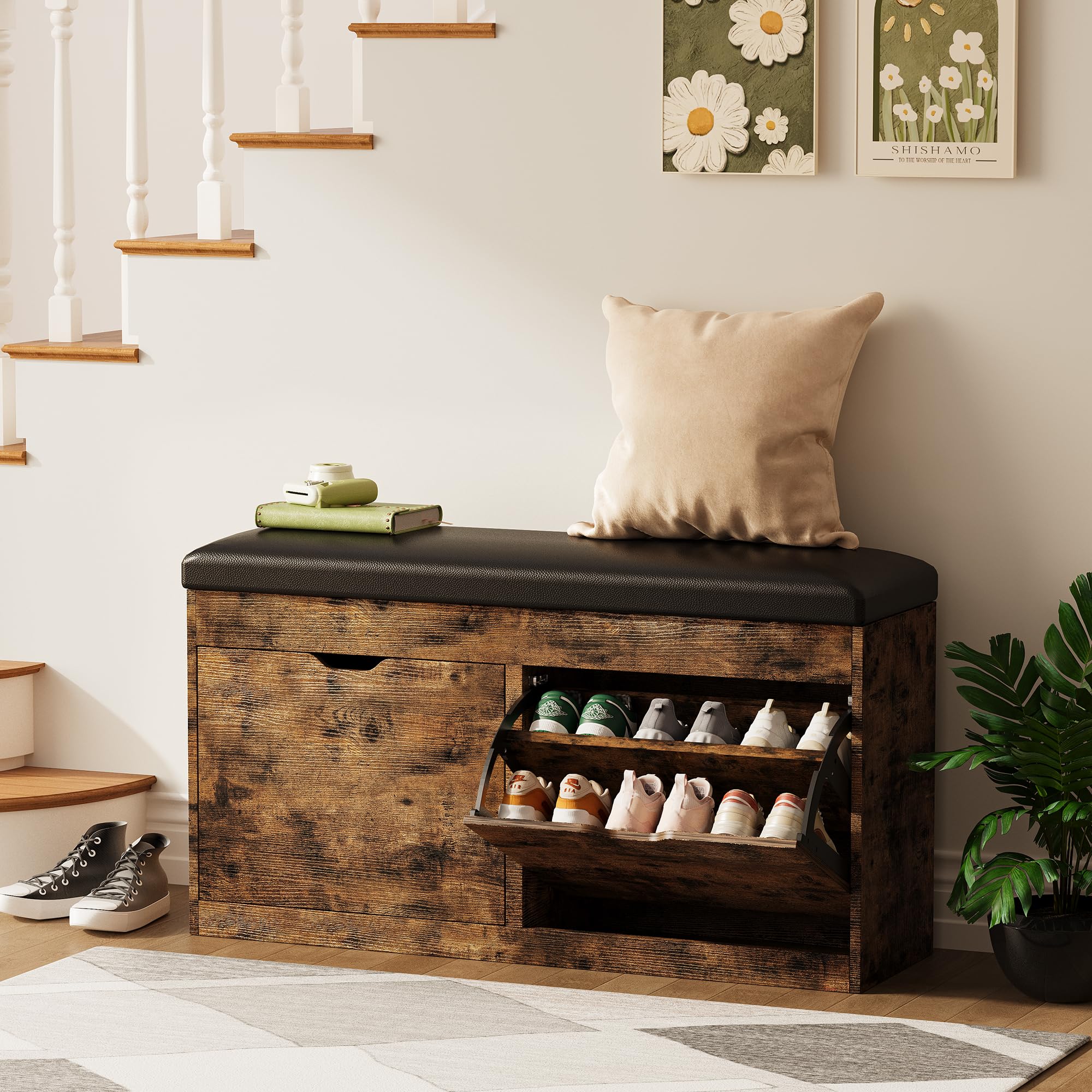 Entryway Shoe Storage Bench with Flip Drawers & Padded Seat