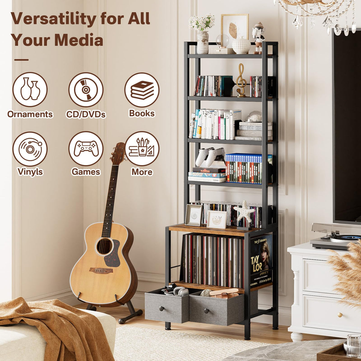 Epouseter 6-Tier DVD Shelf, Vinyl Record Storage Rack with Drawers