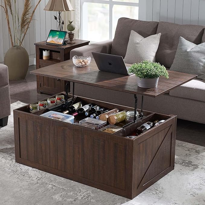 Lift Top Coffee Table with Sliding Barn Door & Double Storage