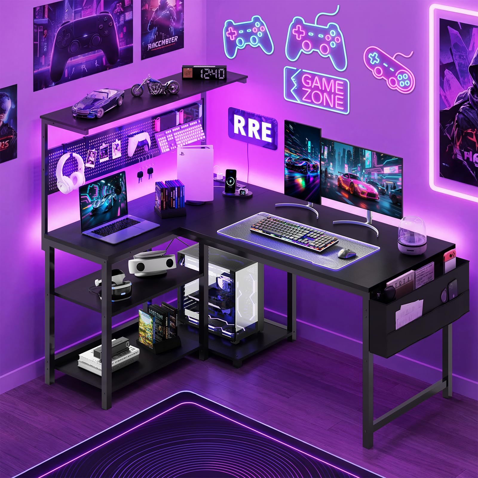 L-Shaped Gaming Desk with LED Light & Power Outlet, 47 Inch