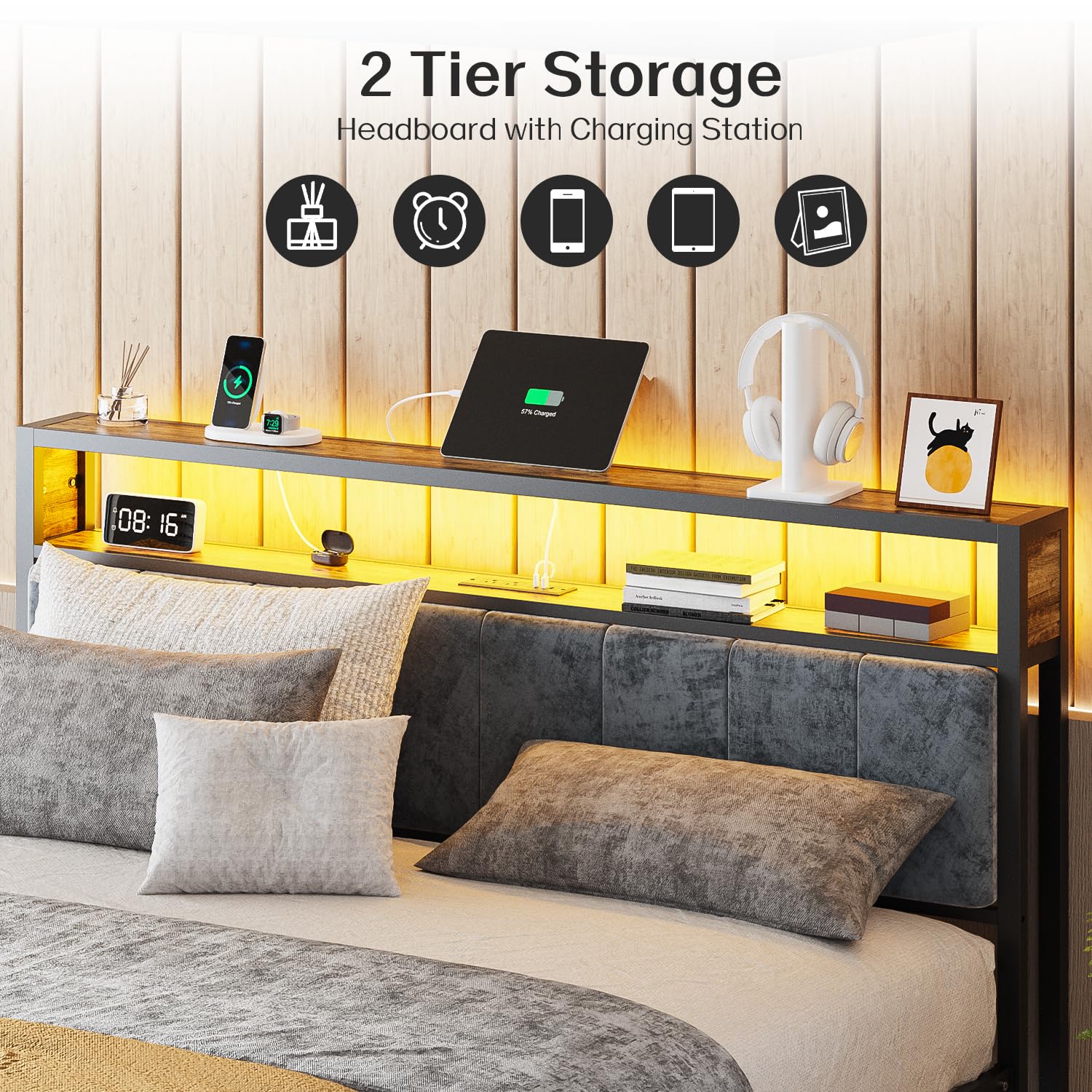 Metal Platform Bed Frame with LED Headboard & Charging Station