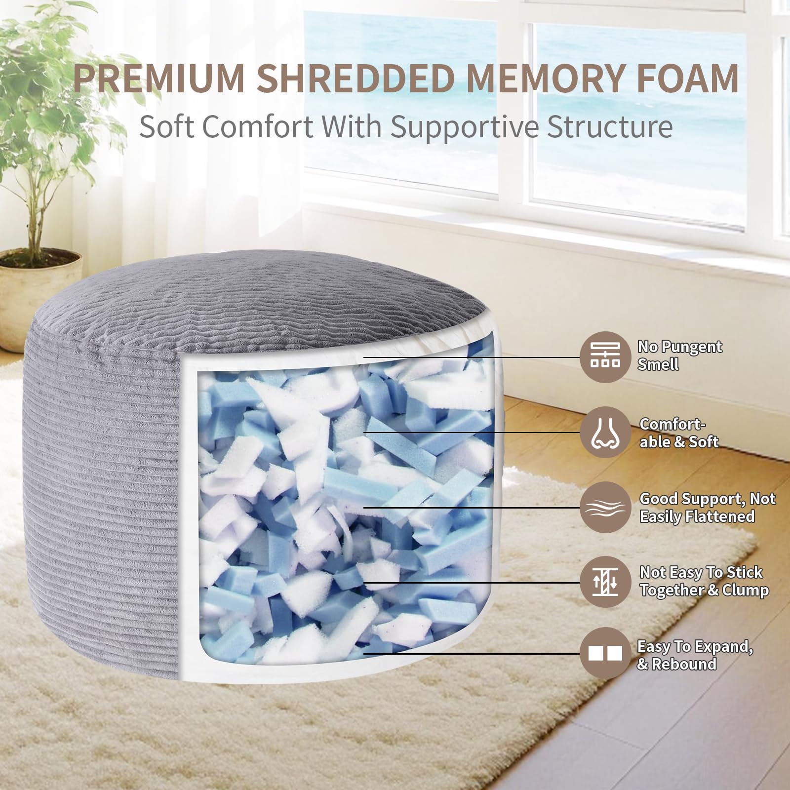 Large Corduroy Pouf Ottoman with Memory Foam Filling