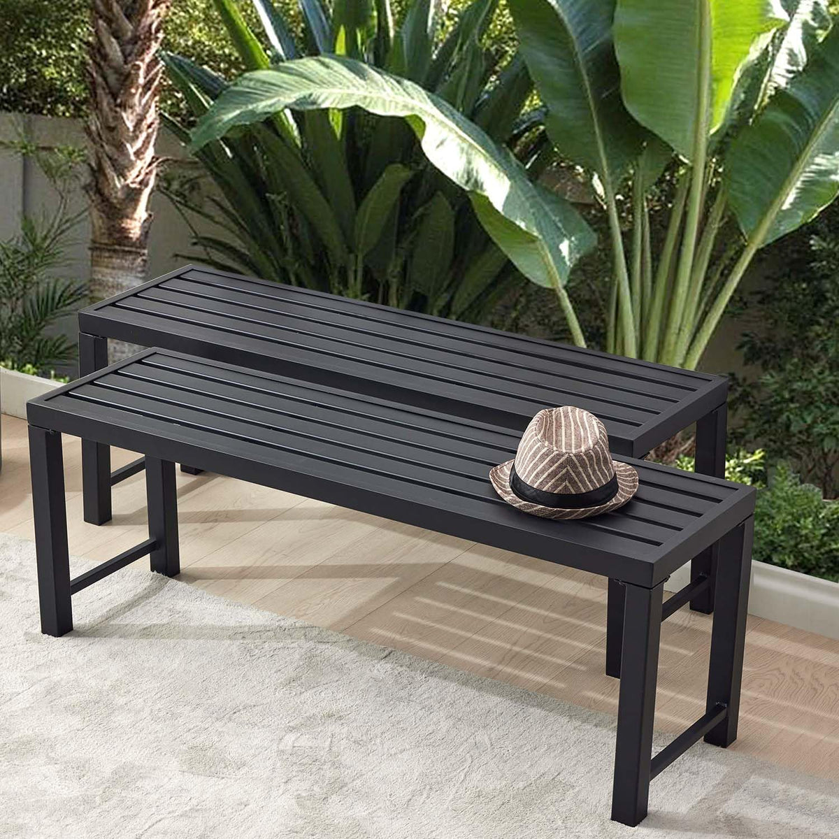 Black Metal Backless Benches, Set of 2