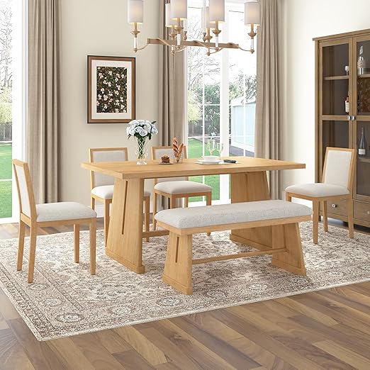6-Piece Retro Dining Set with Table, 4 Chairs & Bench