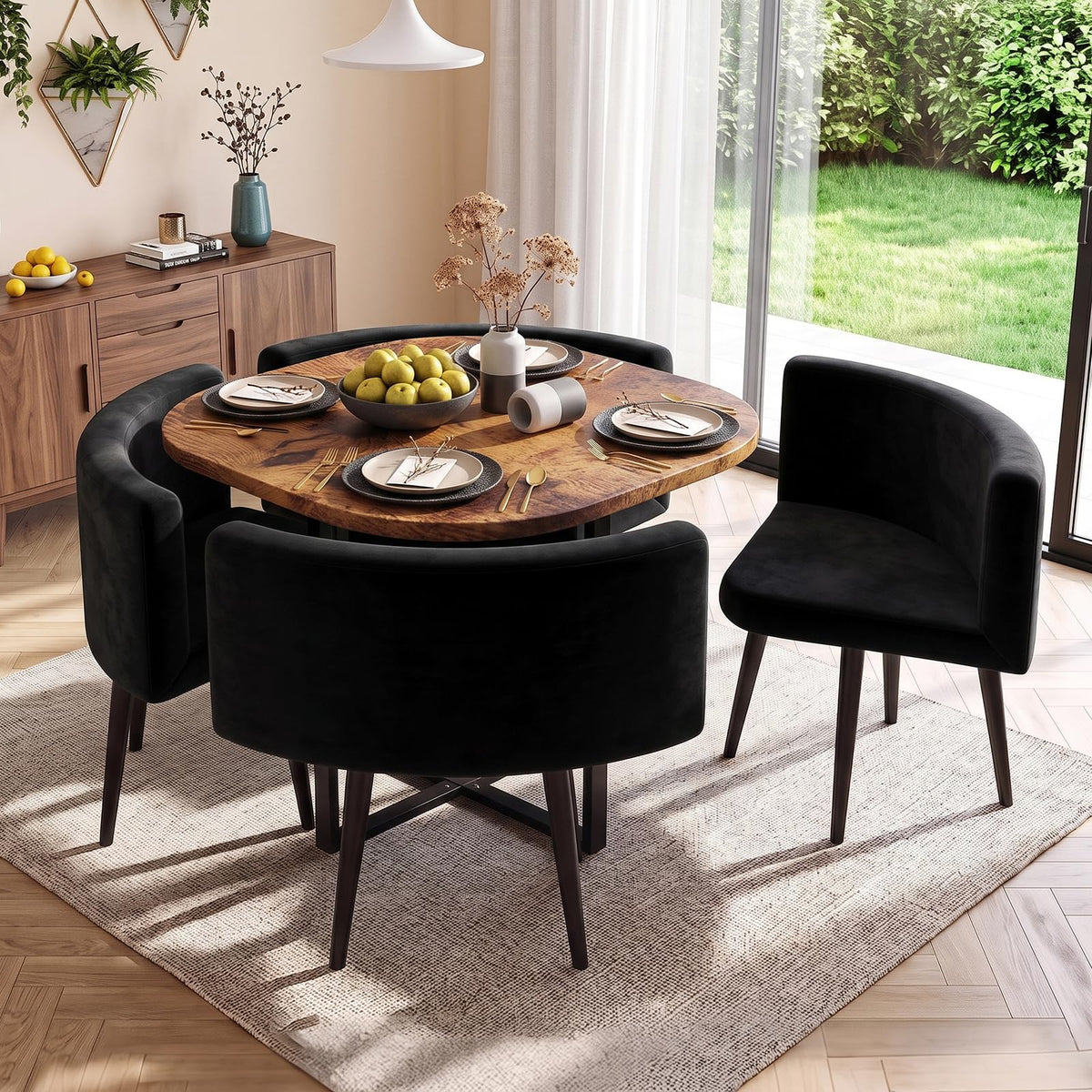 35.4" Square Dining Table with Rounded Corner, Brown Table ＆ Black Chairs