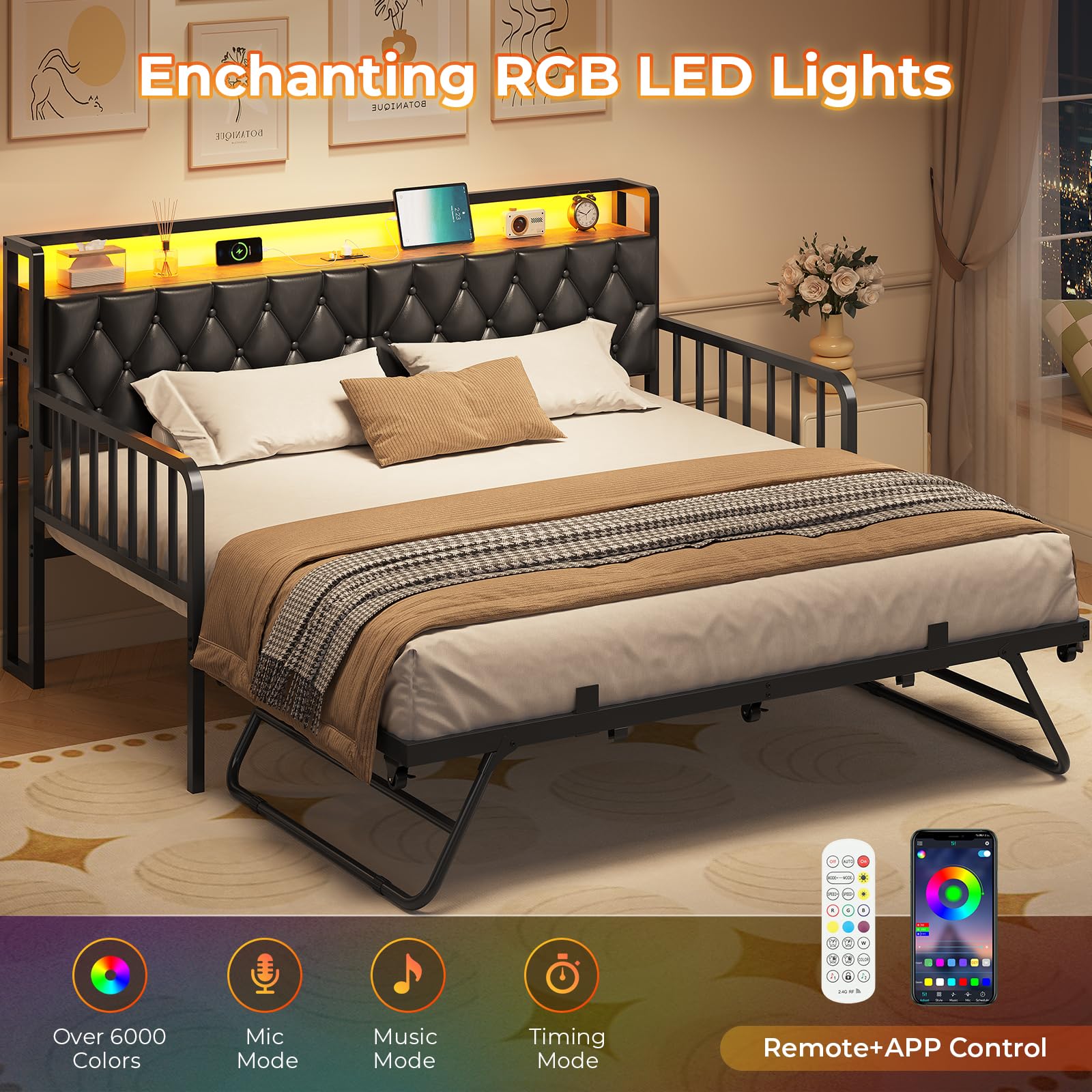 ADORNEVE Daybed with Trundle, Twin to King Daybed with Charging Station & LED Lights, Metal Trundle Bed Twin with Hidden Storage Headboard, Upholstered Sofa Day Bed for Living Room, Bedroom, Black