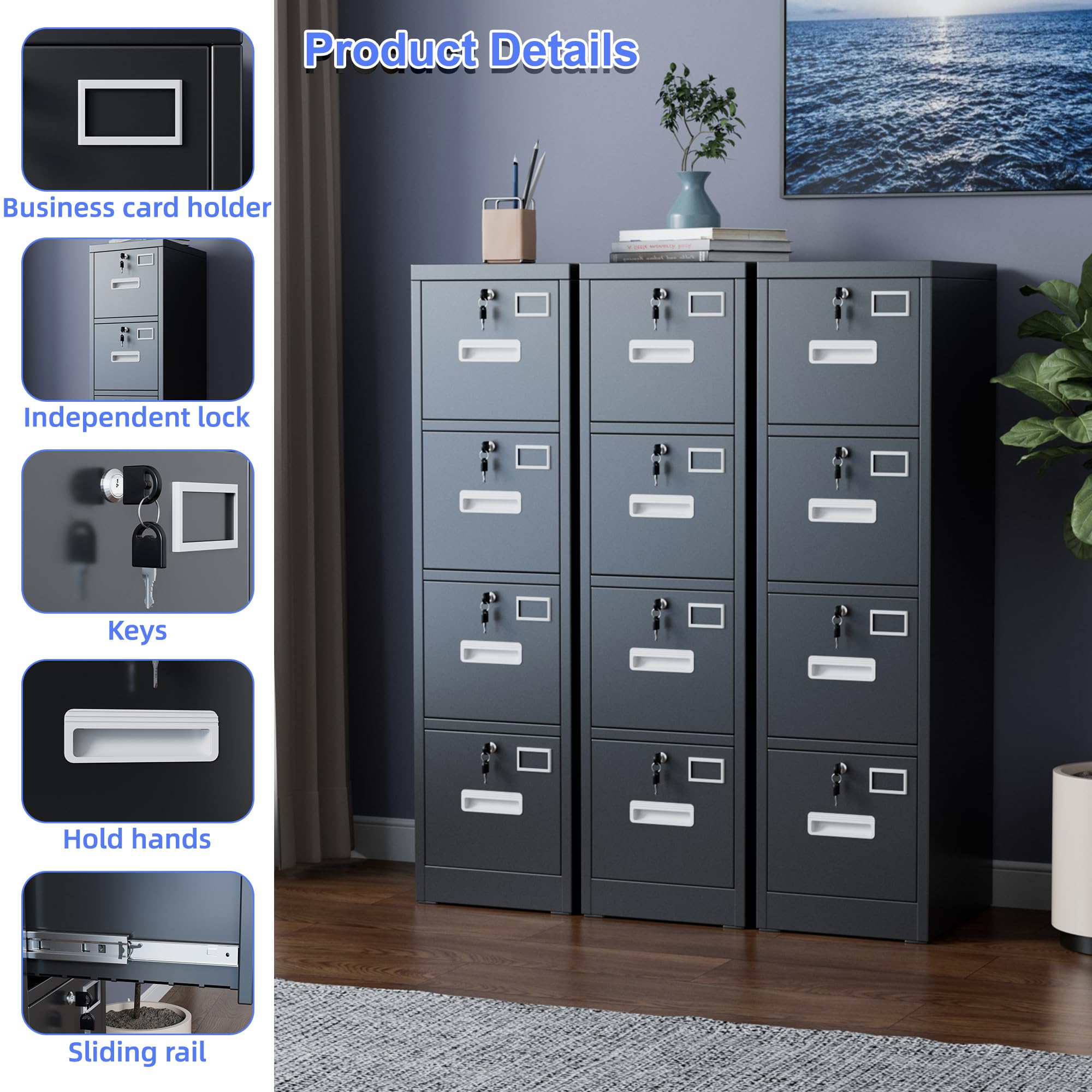 4-Drawer Metal File Cabinet with Lock & Name Card Slots