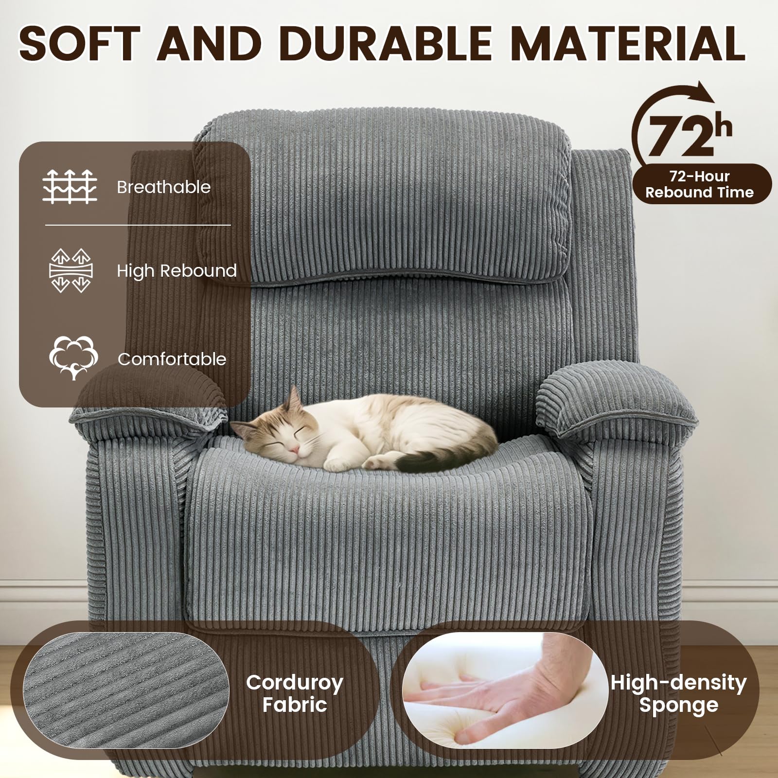 EROMMY Electric Recliner Chair, Oversized Power Recliner with USB Charging Port & Side Pockets, Heavy Duty Corduroy Reclining Sofa Chair, Wide Seat Living Room Chair for Adults, Dark Grey