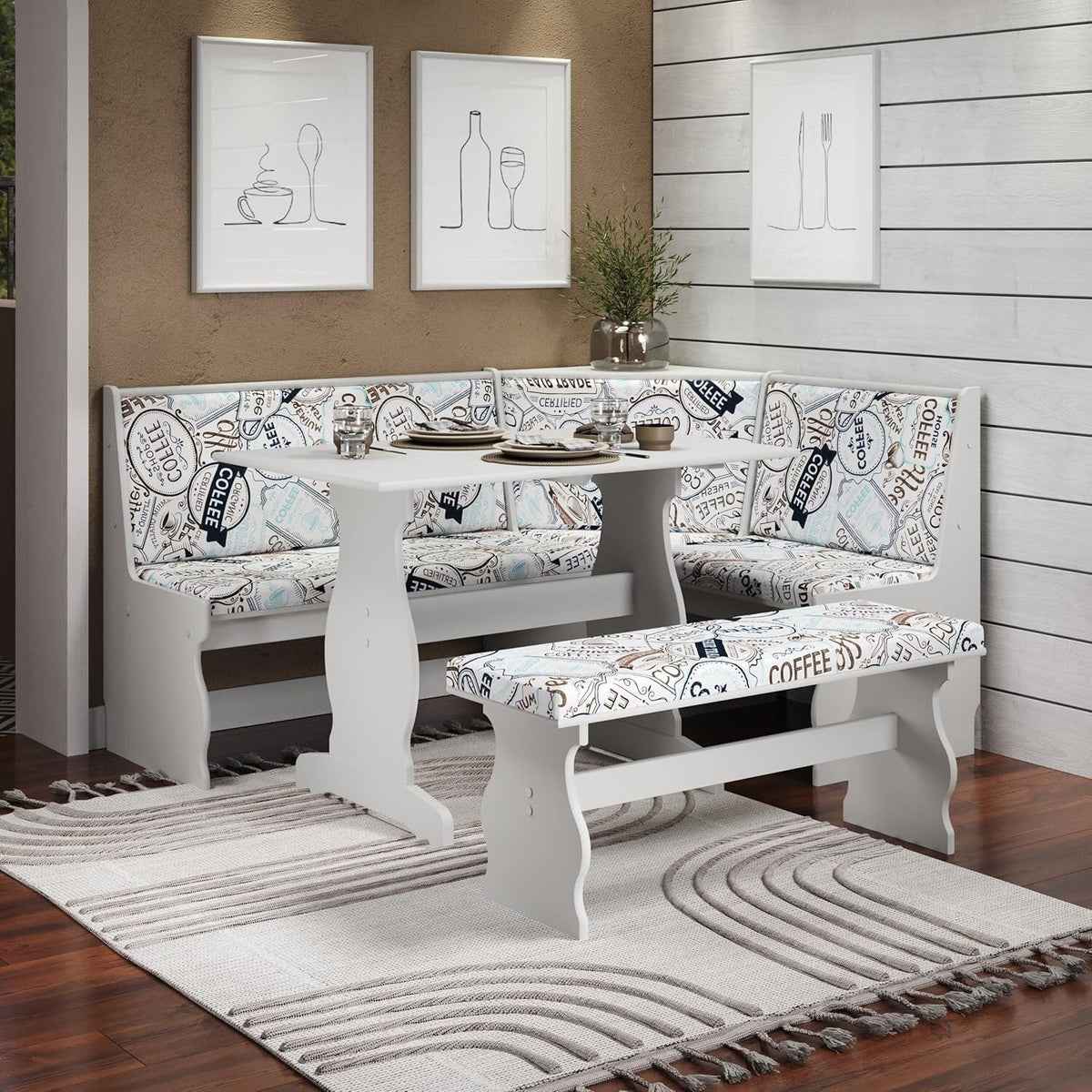 HomeStock Antique Coffee Nook 66.25x50.25x34.5 in - Modern Traditional White Finish Corner Kitchen Nook Table Set with Upholstered Fabric Seats, 48 lbs, Booth Dining Table Set