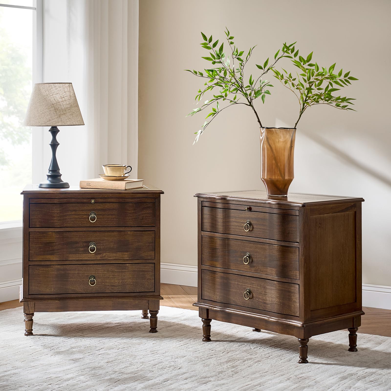 Solid Wood End Table with Charging Station & 3 Drawers