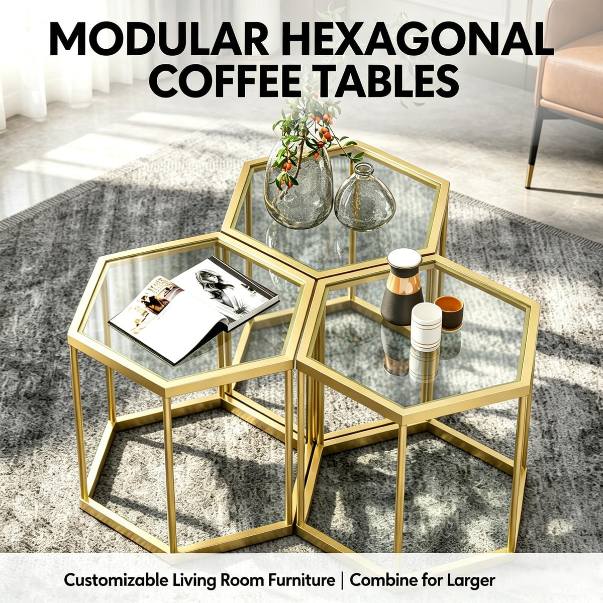 Gold Hexagonal Glass Coffee Table