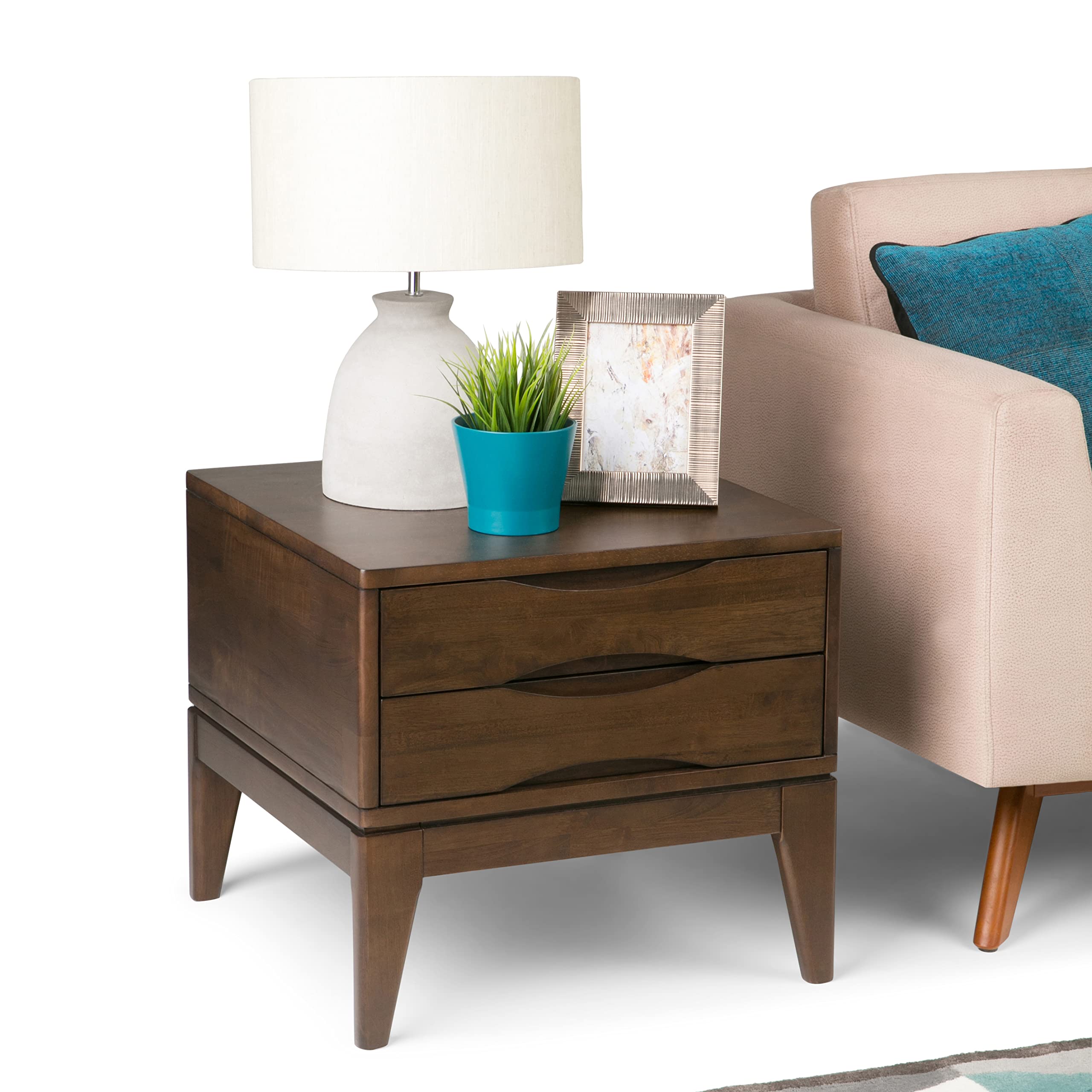 SIMPLIHOME Harper End Table - 22 inch Wide Solid Wood 2 Drawer Side Table in Walnut Brown, Mid Century Modern Accent Table for Living Room with Tapered Legs and Notched Handles