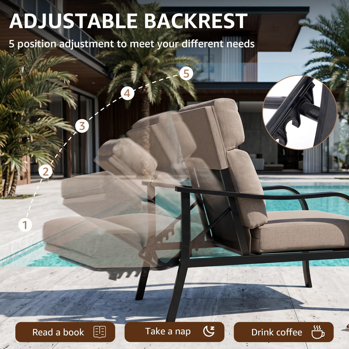 5 Piece Patio Furniture Set with Ottoman, Adjustable Lounge Chair