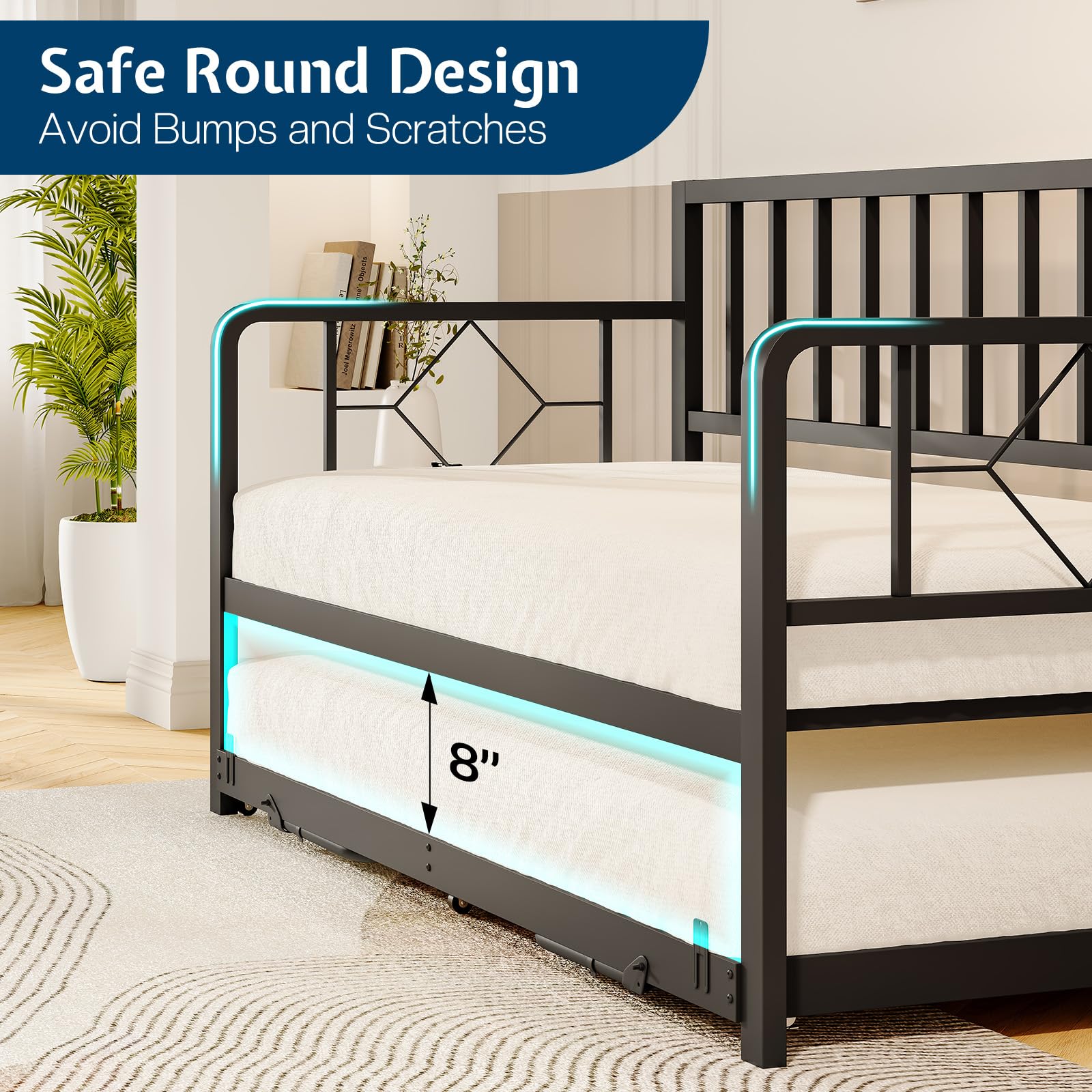 Jocisland Twin DayBed with Charging Station and LED Lights, Metal Twin Daybed with Trundle, Versatile Sofa Bed Frame with Steel Slat Support for Living Room, Bedroom, Guest Room, Dark Gray-Black