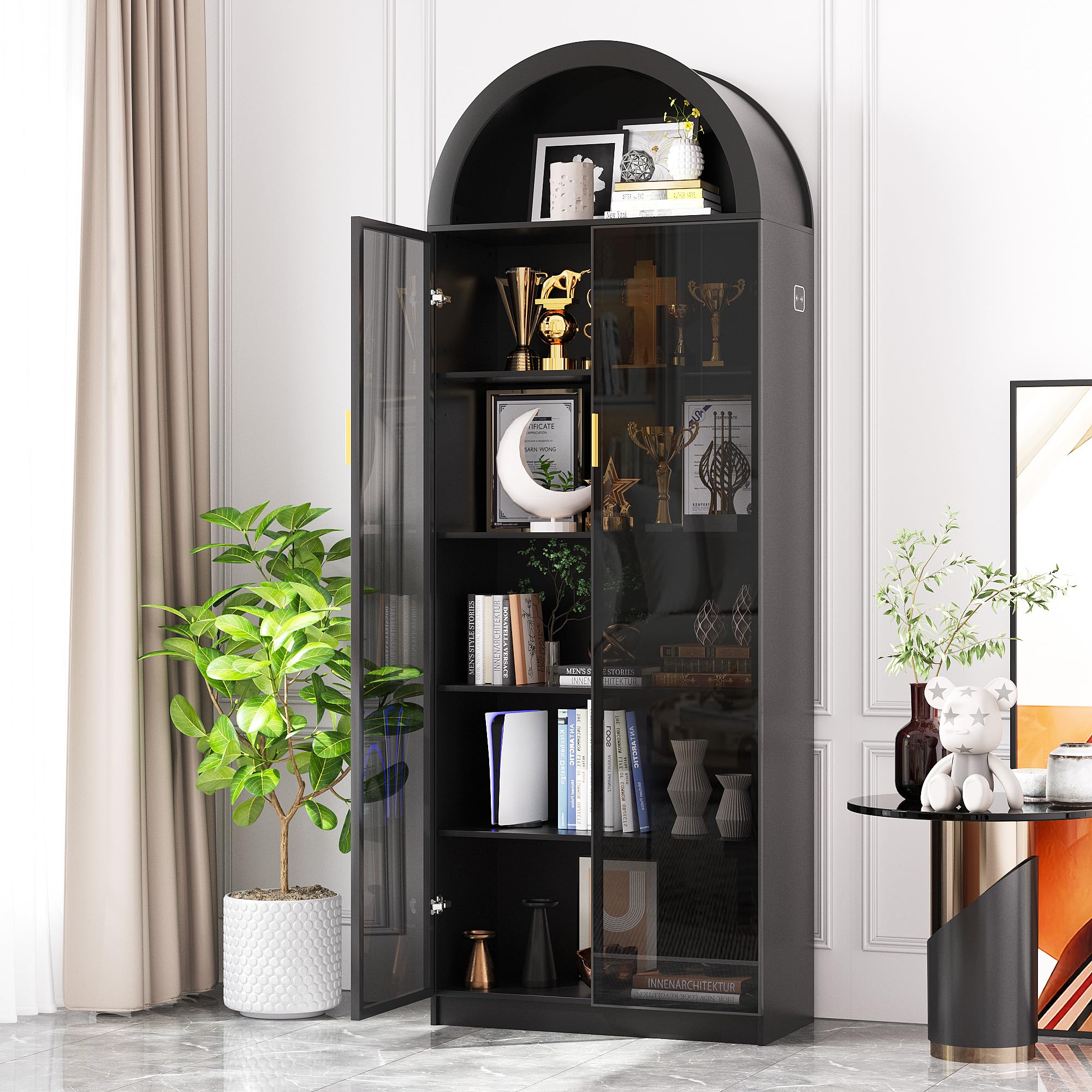 Arched Display Cabinet with LED Lights, 6-Tier Curio Cabinet with Adjustable Shelves