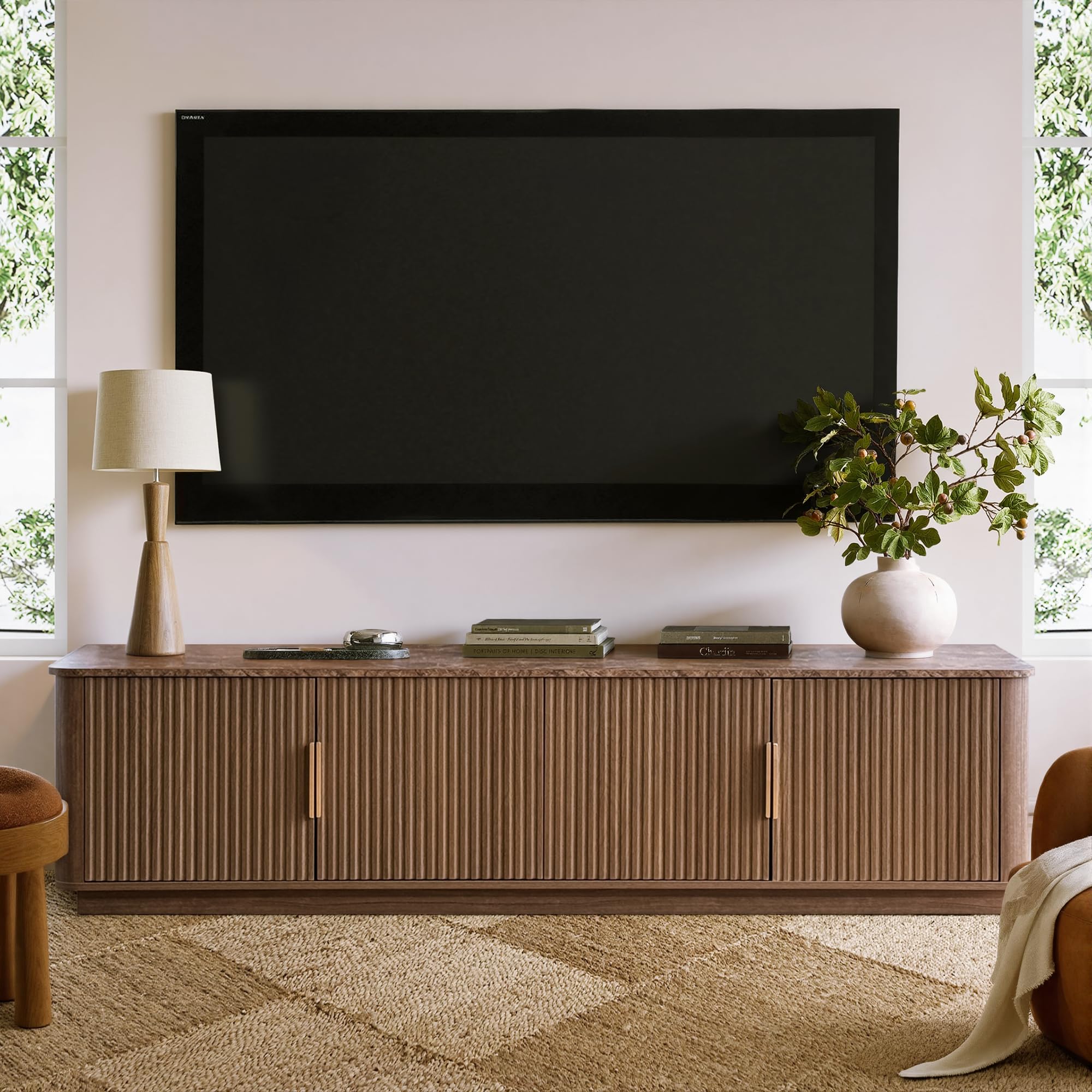 win2win 67" TV Stand for 80 Inch TV, Mid Century Modern Fluted Entertainment Center with Faux Marble Top, Curved Corners, Minimalist Media Console with Storage for Living Room Bedroom, Walnut