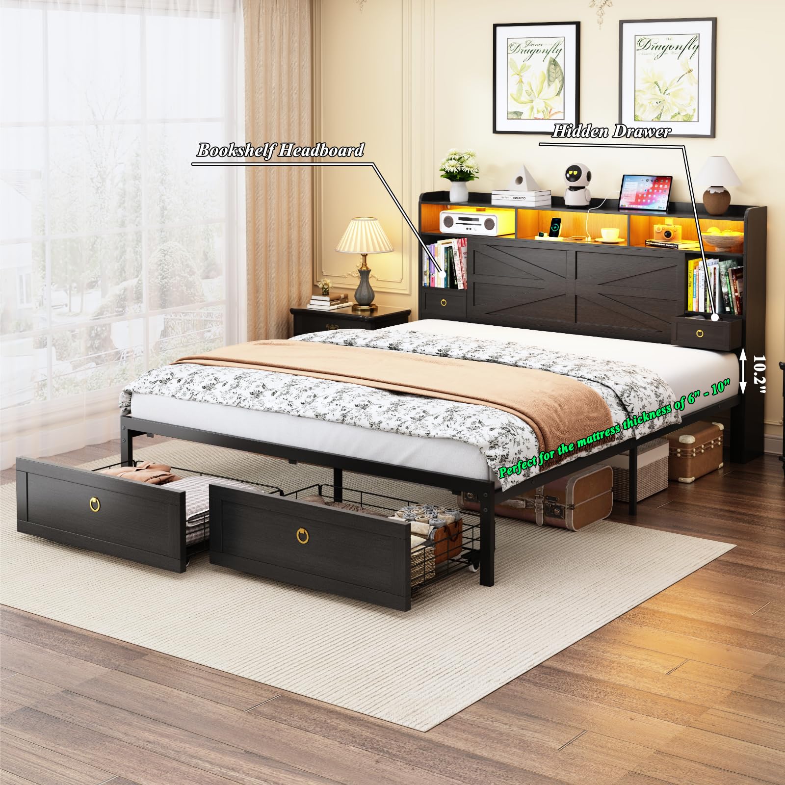 Etditrnp Queen Bed Frame with Storage Headboard, Farmhouse Platform Bed Frame with Bookshelf, Drawers, LED Lights and Charging Station, Metal Slats Support, Noise Free, No Box Spring Needed, Black