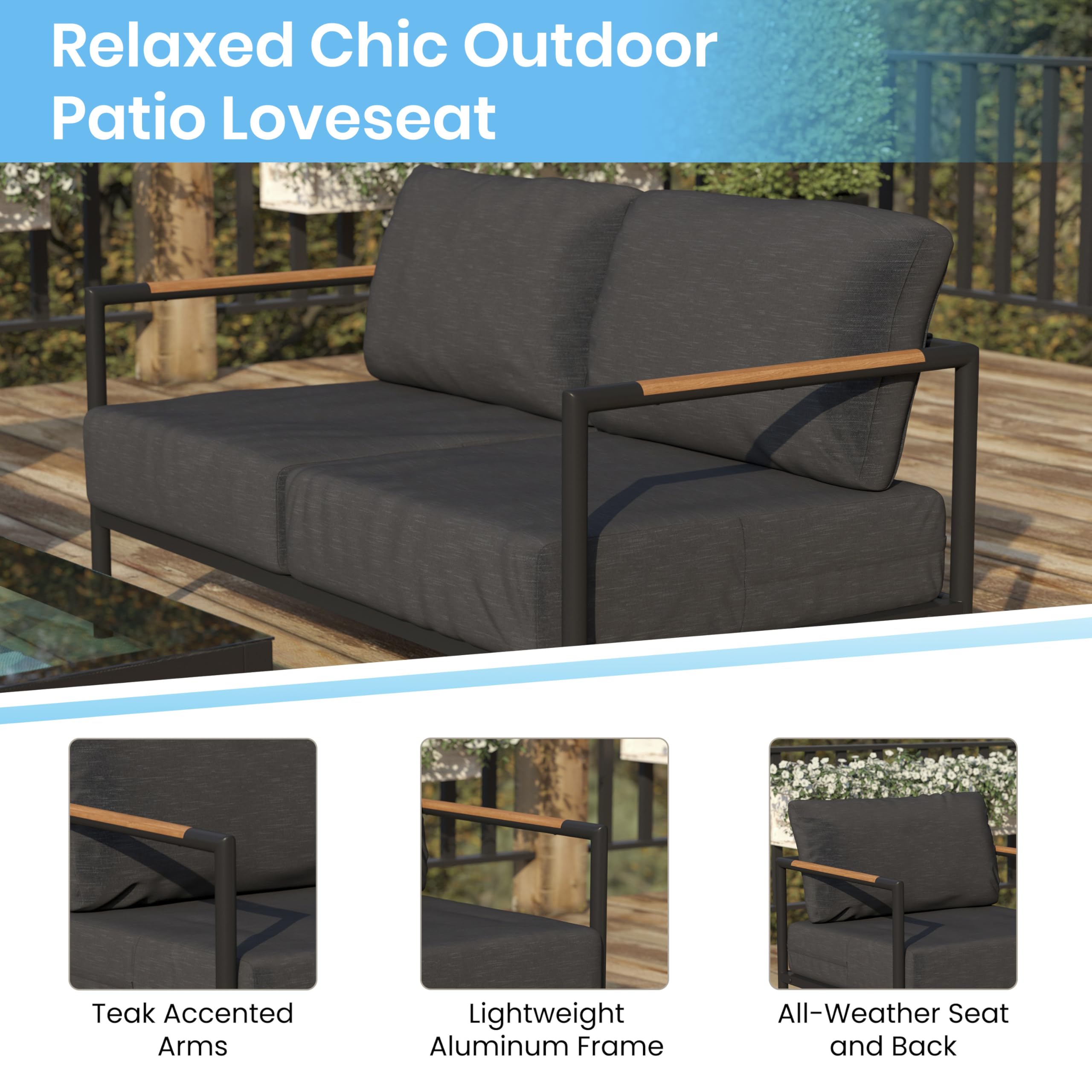 Outdoor Aluminum Loveseat with Teak Accents & All-Weather Cushions