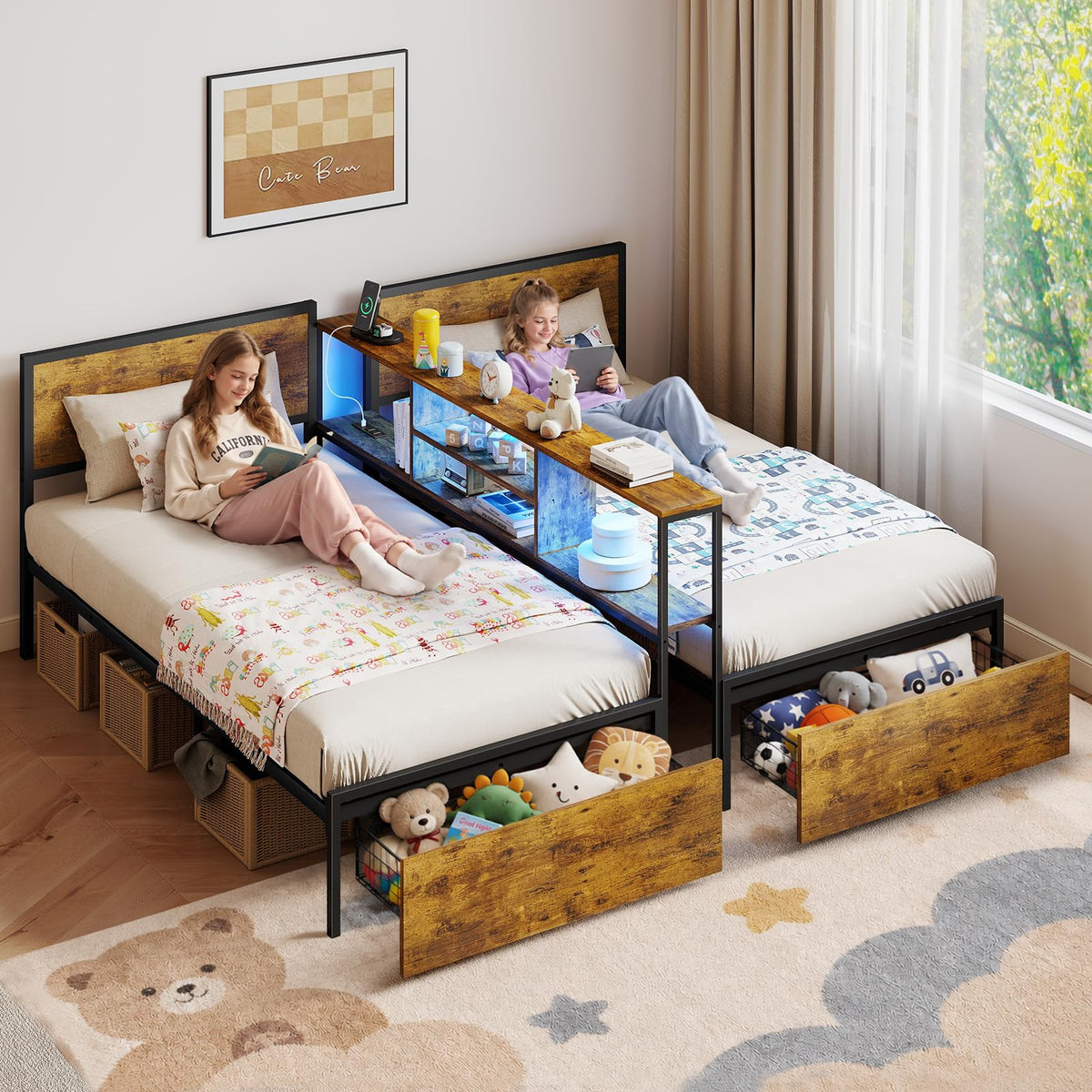 Zevemomo Twin Bed Frames w/Storage Drawers, Headboard for 2 Teens