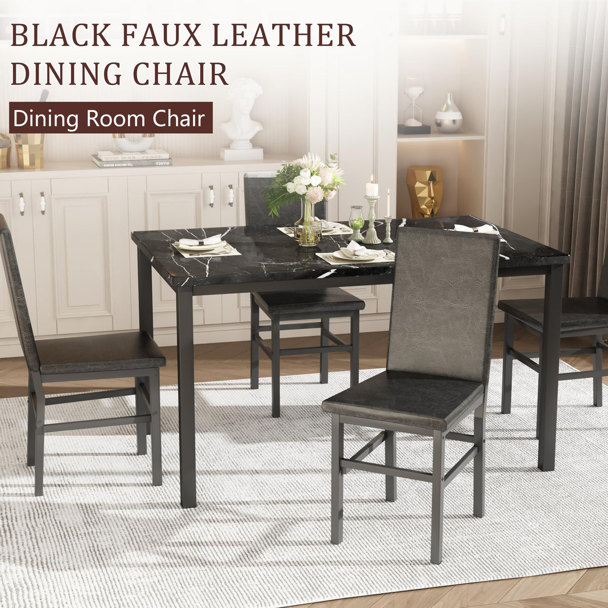 OFFWIN Dining Table Set for 4, 5-Piece Faux Marble Dining Set,4 Upholstered PU Chairs, Modern Kitchen Table Furniture for Dining Room,Compact Space-Saving Faux Marble Tabletop (Black + Black)