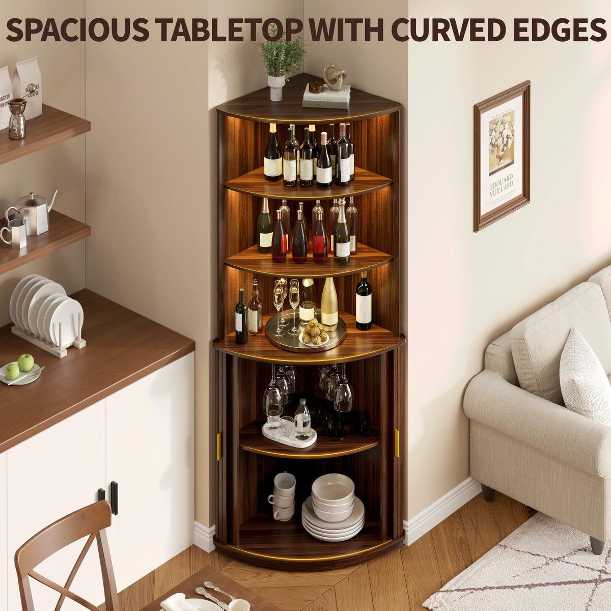 DHH 71" Tall Corner Bar Cabinet with LED Light & Wine Glass Holder(Walnut)