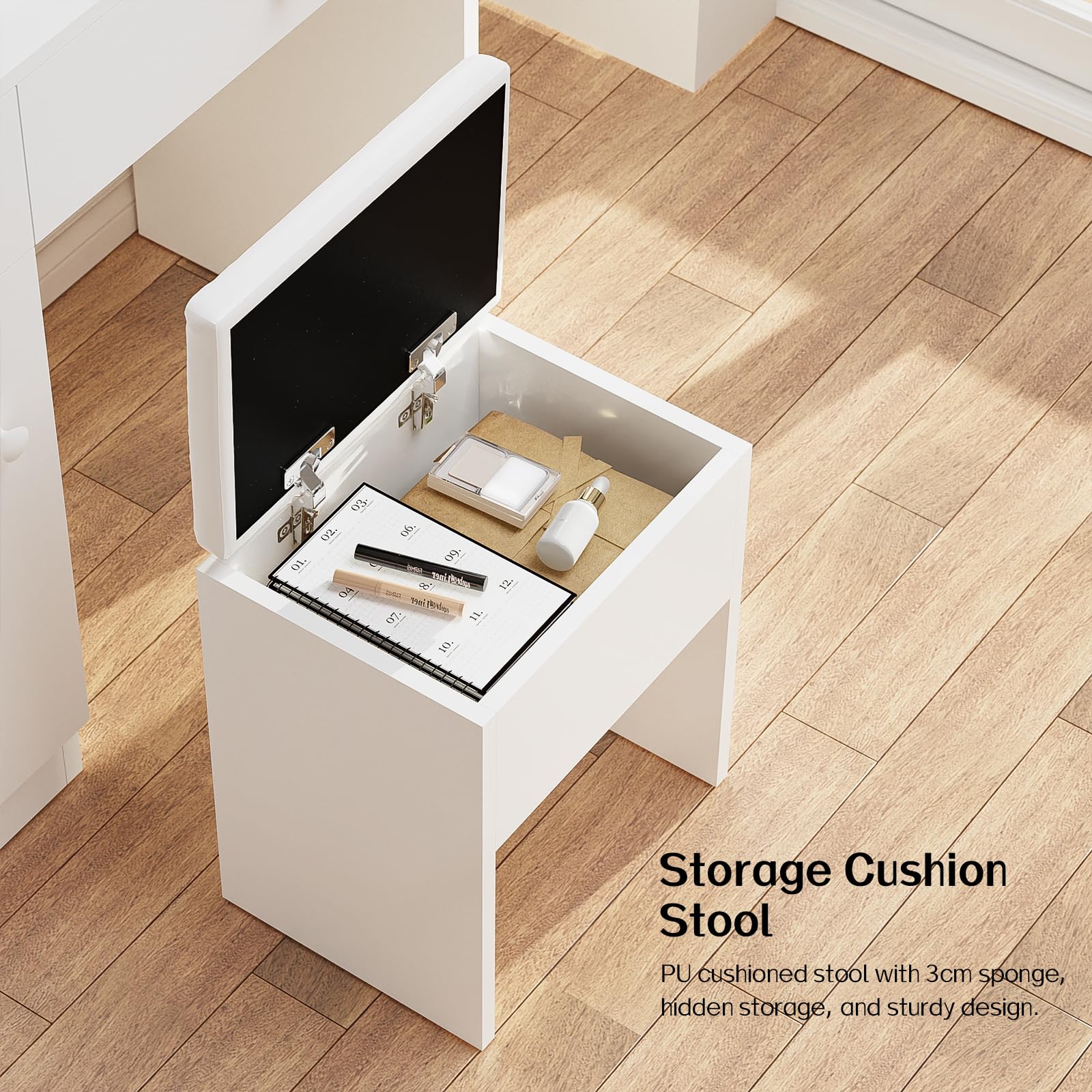 Haewon Vanity Desk with Mirror, 11 LED Lights and Power Outlet, Makeup Vanity Set with Storage Cabinet, Drawers and Chair, White Dressing Table with 3 Adjustable Light Modes for Bedroom