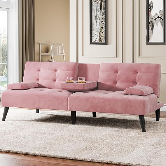 64" Futon Sofa Bed with Adjustable Backrest & Cup Holders
