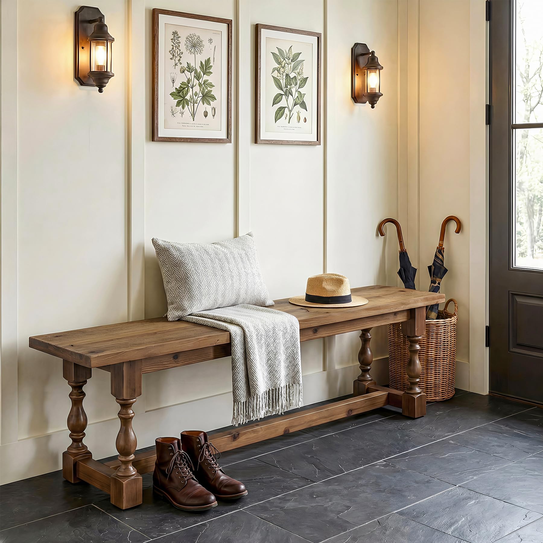 TRIBEWOOD Rustic Solid Wood Entryway Bench, 59.1" Long Farmhouse Dining Seat with Turned Legs, End of Bed Bench for Entryway, Dining Room, Bedroom, Holds Up to 300 lb, Easy Assembly, Natural Brown