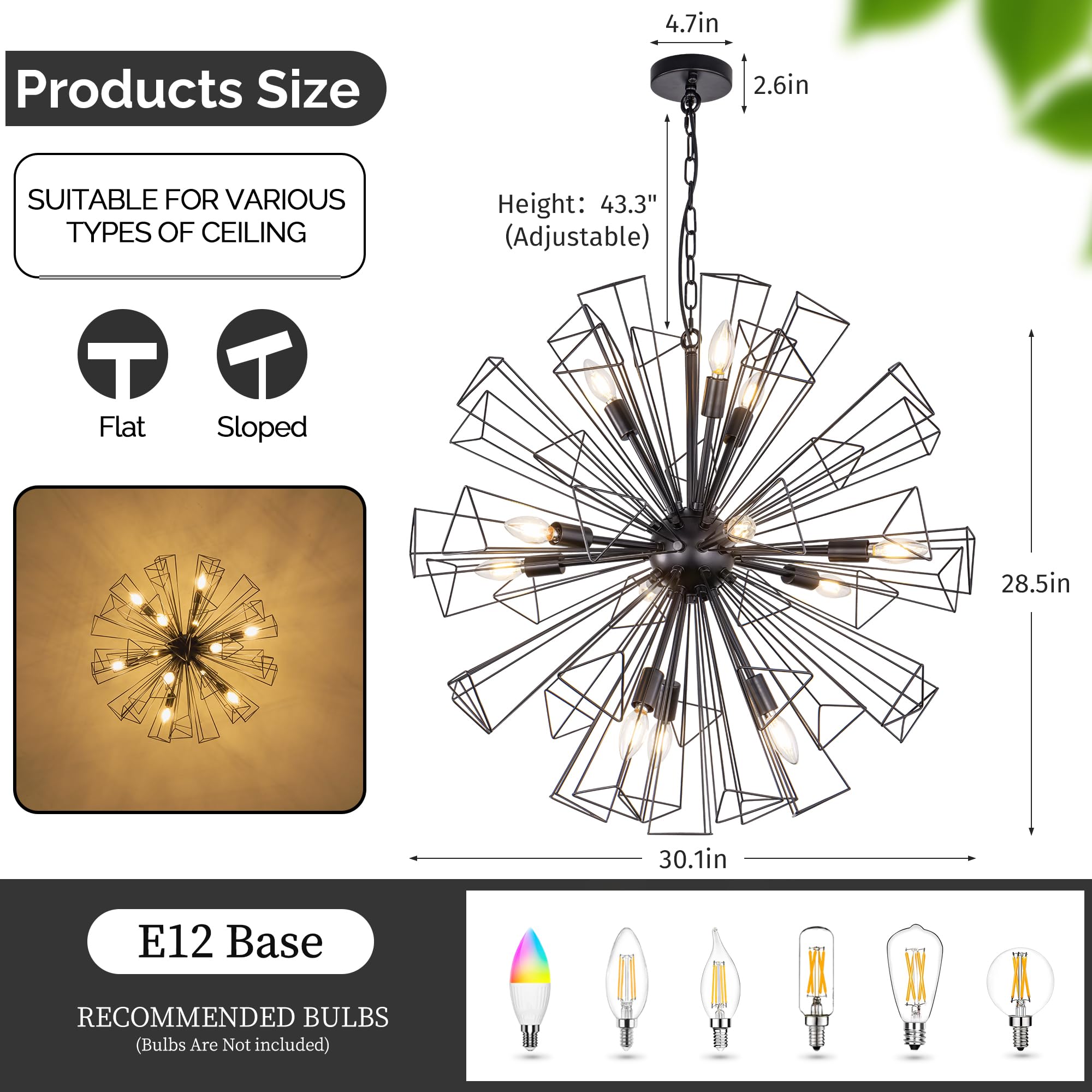 Wellmet Black Sputnik Chandelier, Modern Black Pendant Light, 12-Light Geometric Lighting Fixture, for Living Room, Bedroom, Dining Room, Kitchen, Hallway, Office, Store, Café