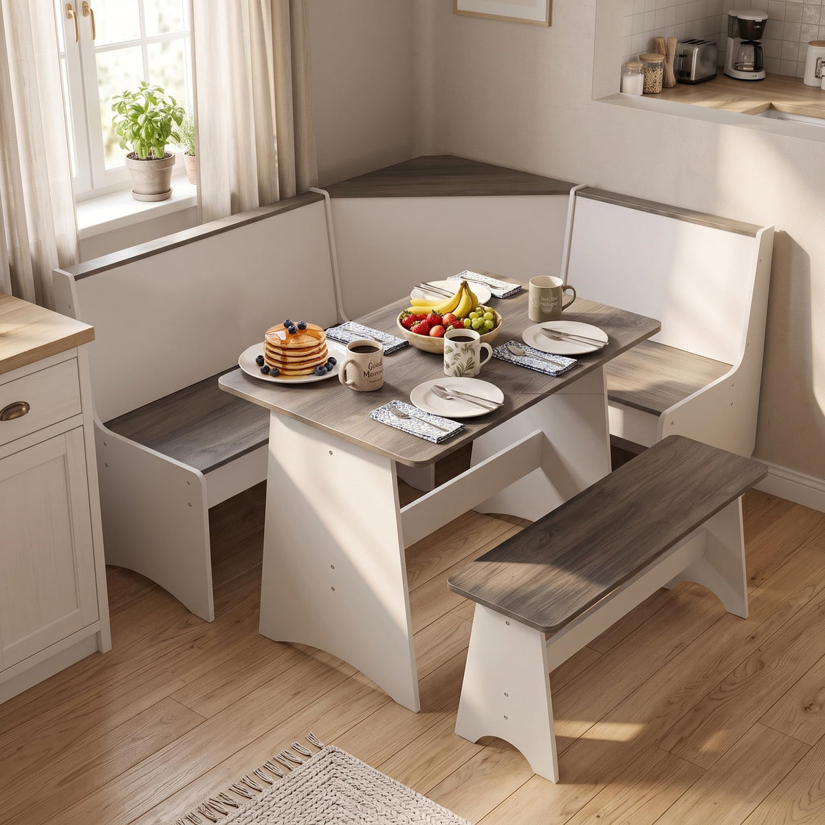 Farmhouse Breakfast Nook Table Set with L-Shaped Bench (White + Gray)