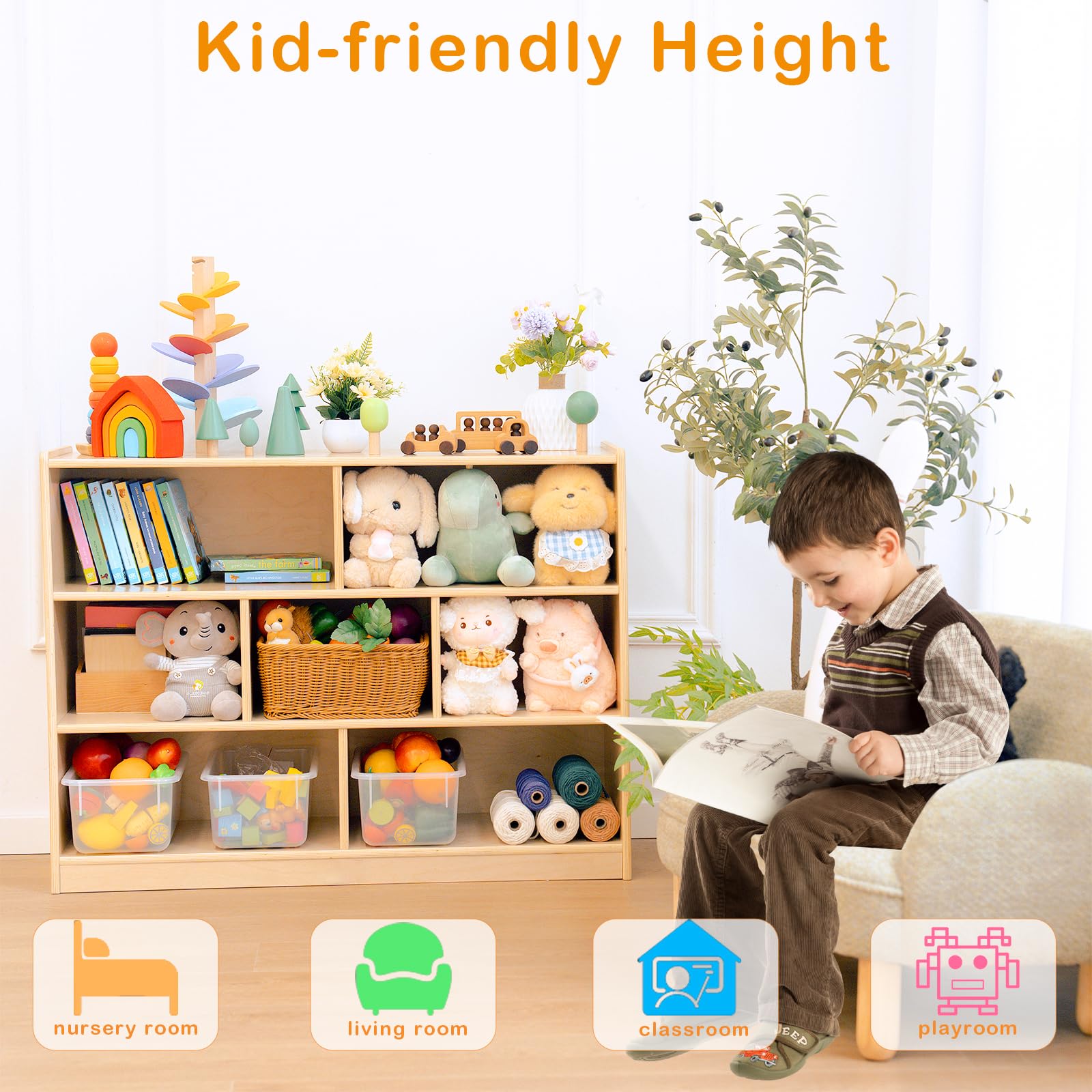 kidi house Kids Bookshelf and Toy Storage Shelf, Wooden Montessori Bookshelf, 3-Tier Toy Shelves with 7 Cubby, Classroom Furniture, Birch Children Bookcase, Book Shelf for Kids Room, Nursery, Playroom