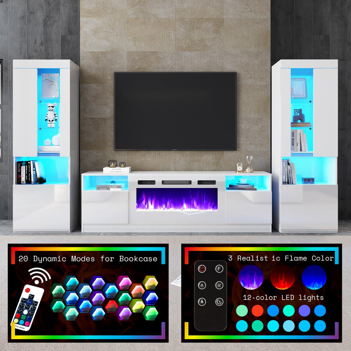 AMERLIFE 70" Fireplace Entertainment Center Set of 3 with Bookcases, White