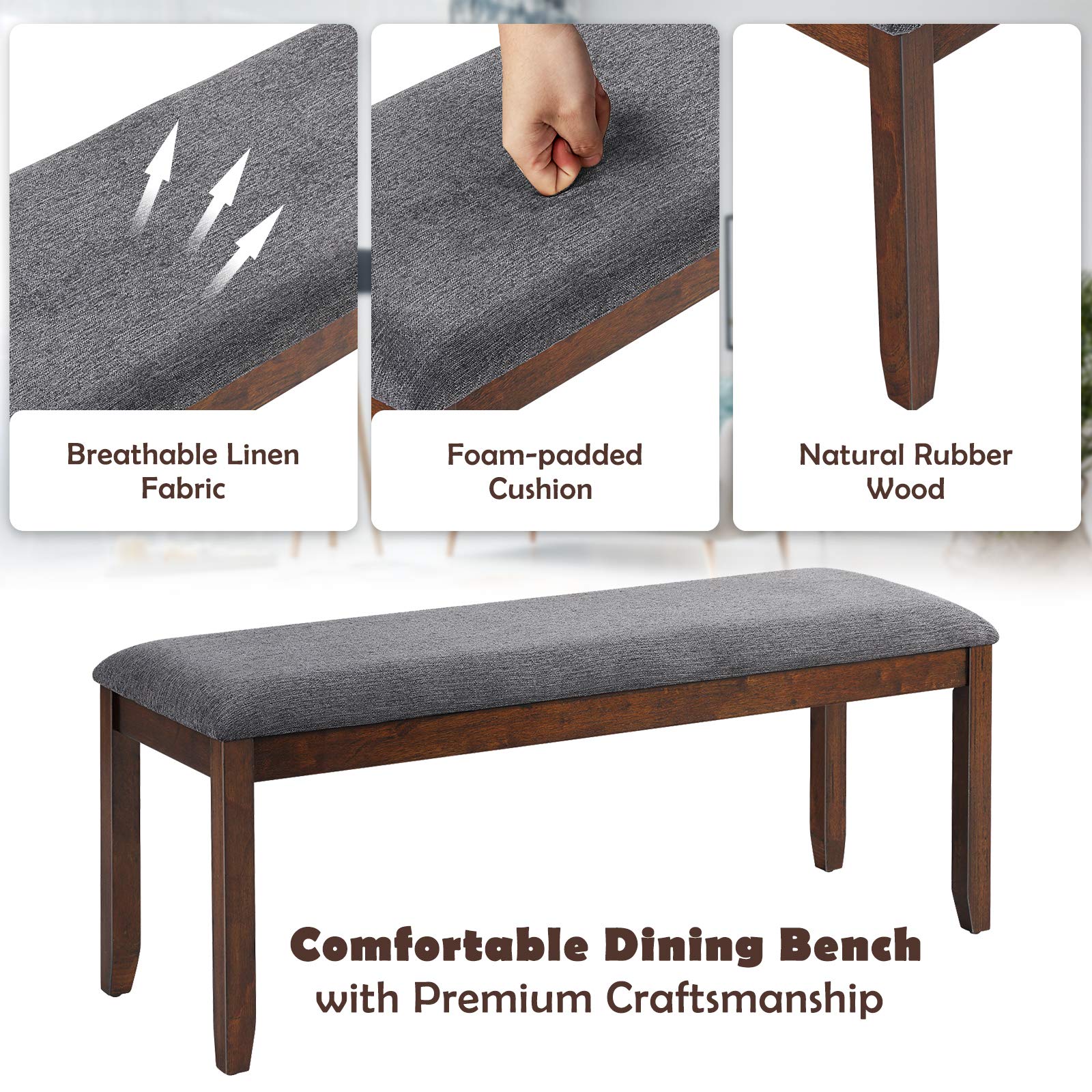 Giantex Dining Room Bench with Upholstered Padded Seat, 660lbs Capacity, 47.5" x 15.5" x 19.5" Ottoman, Wood Kitchen Table Bench for Entryway, Bedroom End of Bed, Grey