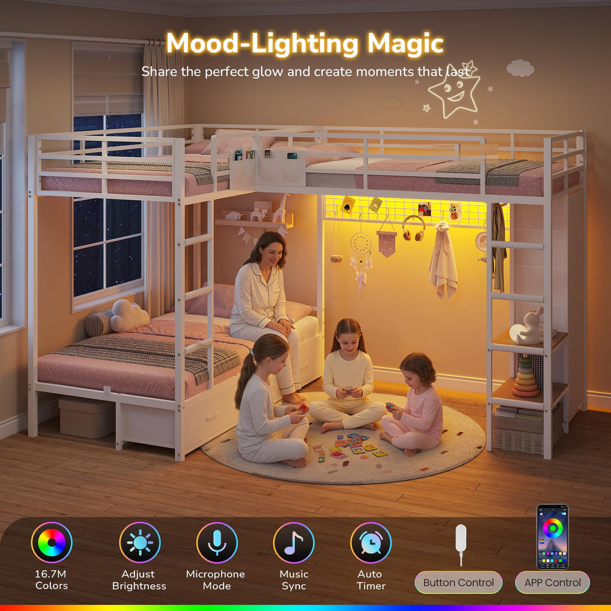 L-Shaped Triple Bunk Bed with Storage & LED Lights
