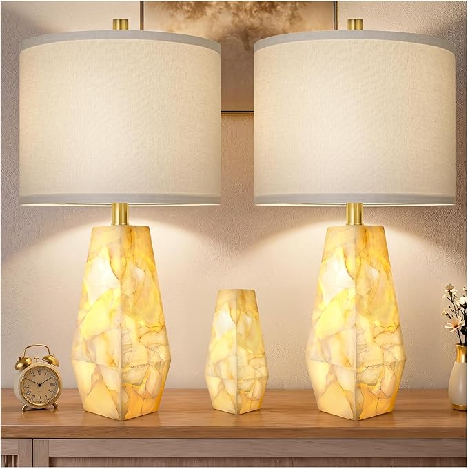 Alabaster Table Lamp Set of 2 with Night Light & Rotary Switch