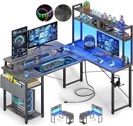 L-Shaped Desk with Power Outlets & Monitor Stand