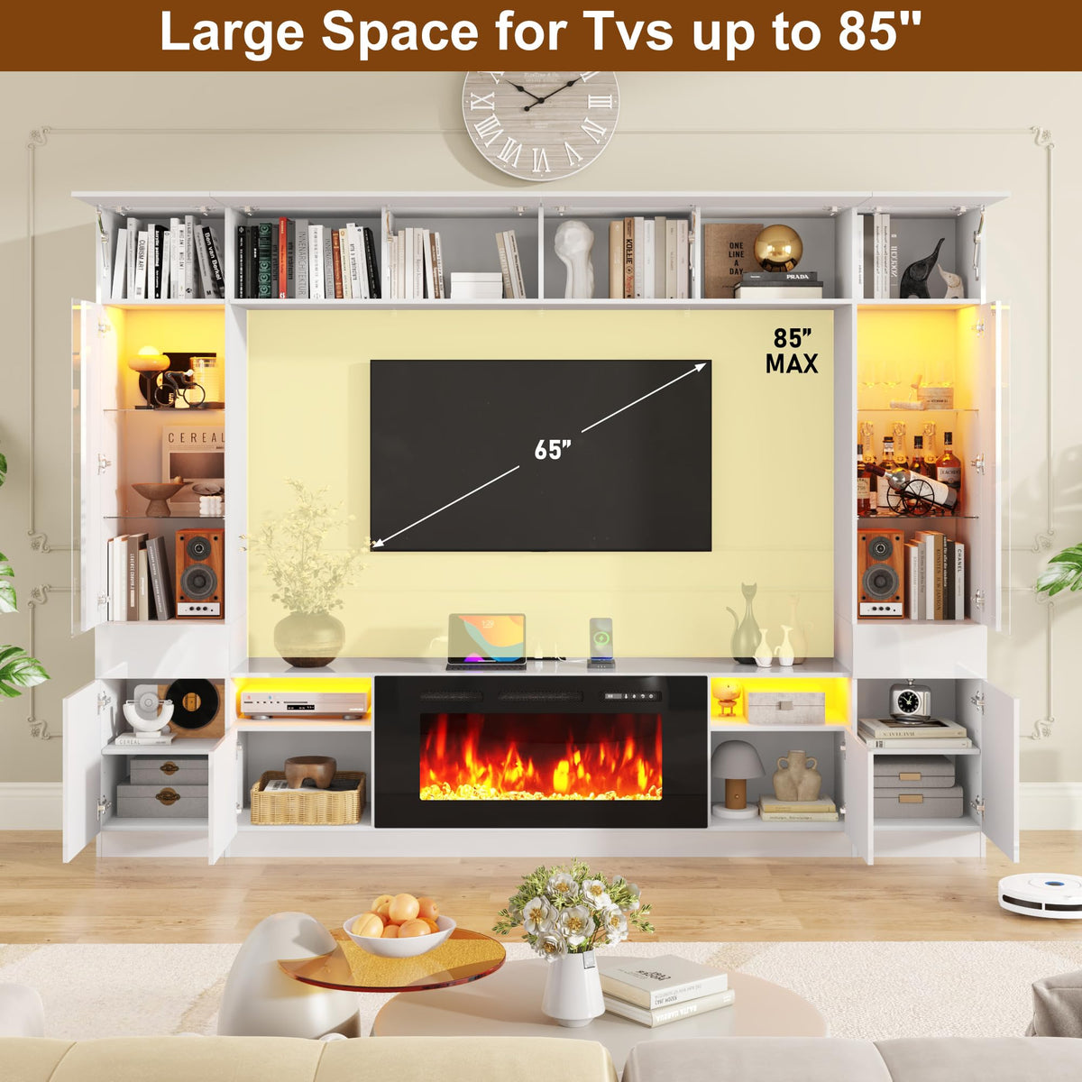 White Fireplace Entertainment Wall Unit